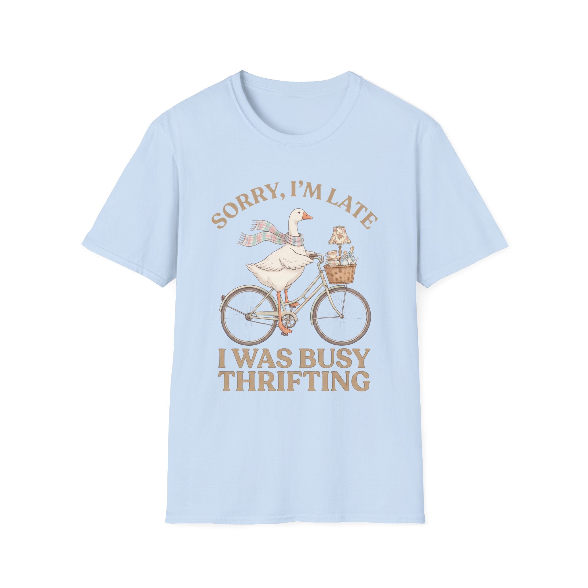 Thrifting Goose T‑Shirt — "Sorry I'm Late I Was Busy Thrifting" Vintage Bike Design