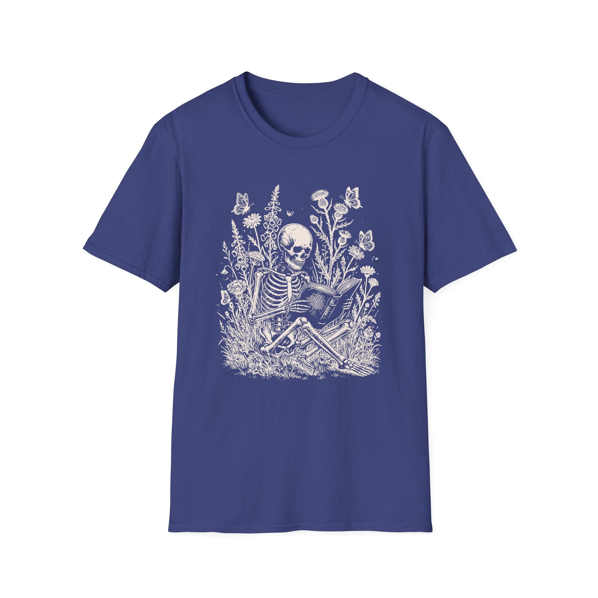 Skeleton Reading in Wildflowers T-Shirt — Gothic Floral Skull Tee
