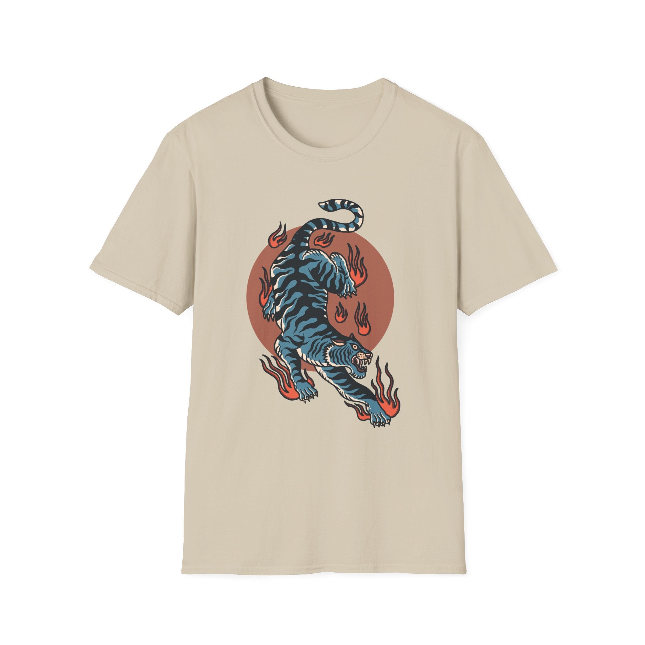 Tiger Blaze T-Shirt — Retro Flaming Tiger Graphic Tee