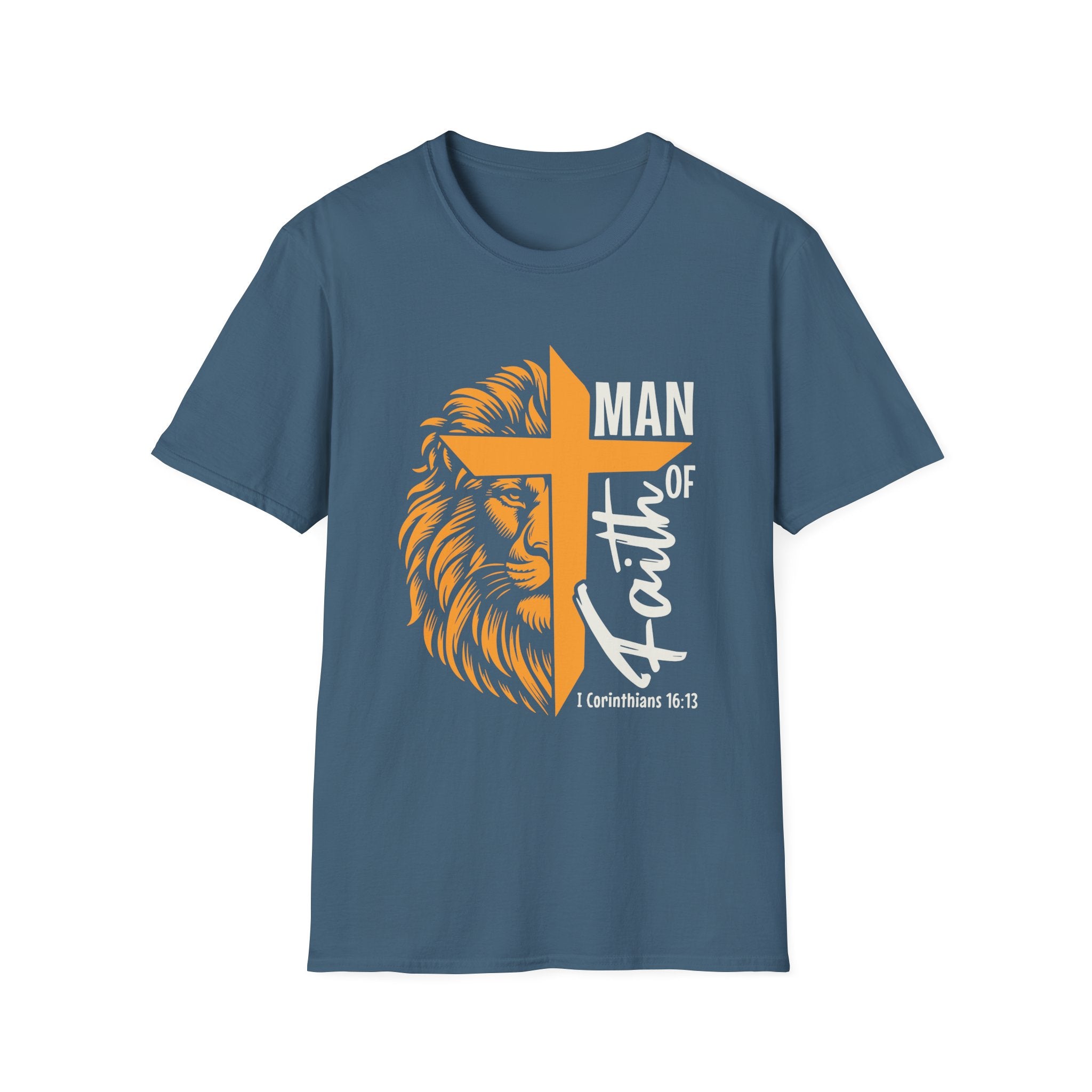 Man of Faith T-Shirt — Lion & Cross Christian Tee (1 Corinthians 16:13)
