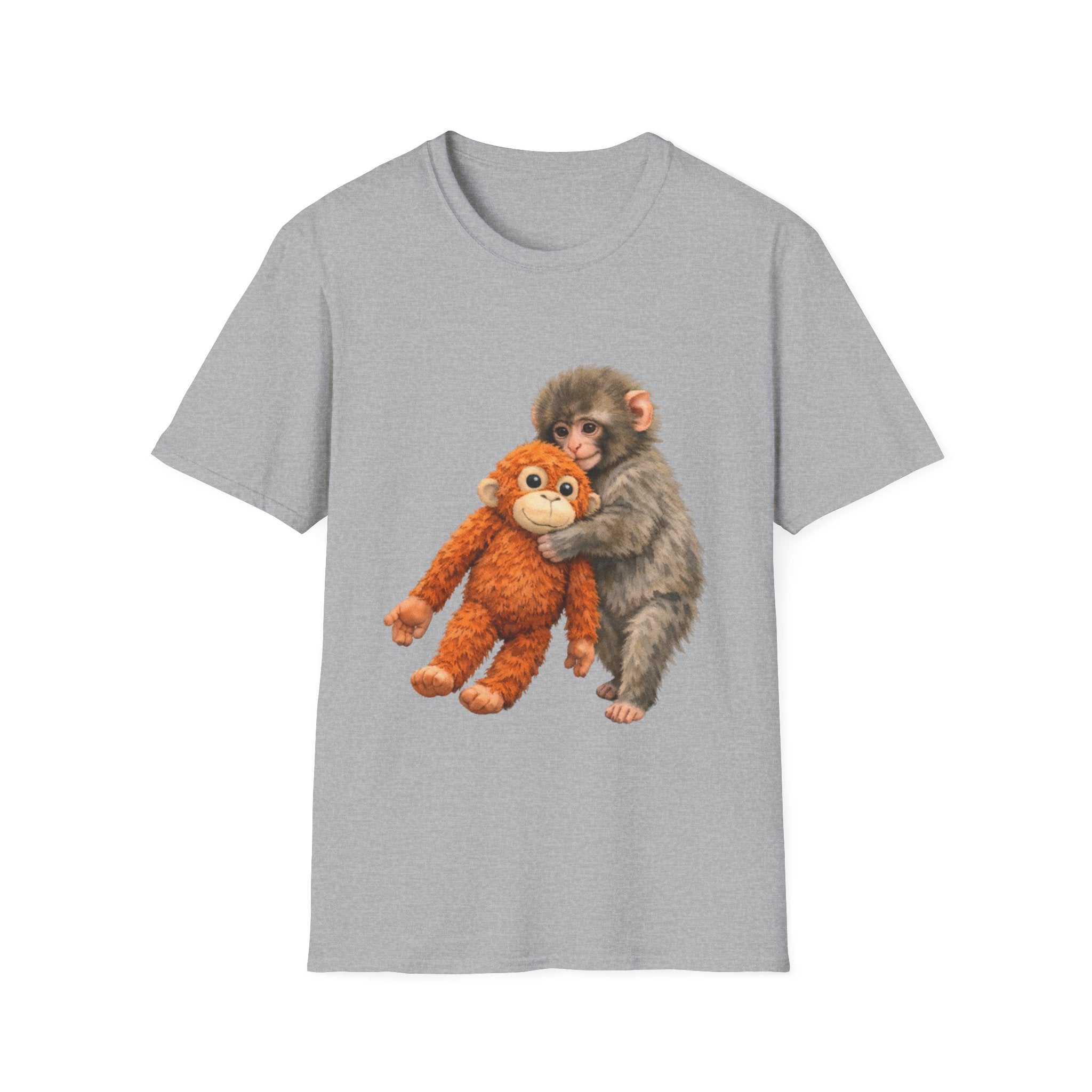 Chimpanzee with Stuffed Monkey T‑Shirt — Cute Baby Ape Holding Plush Tee
