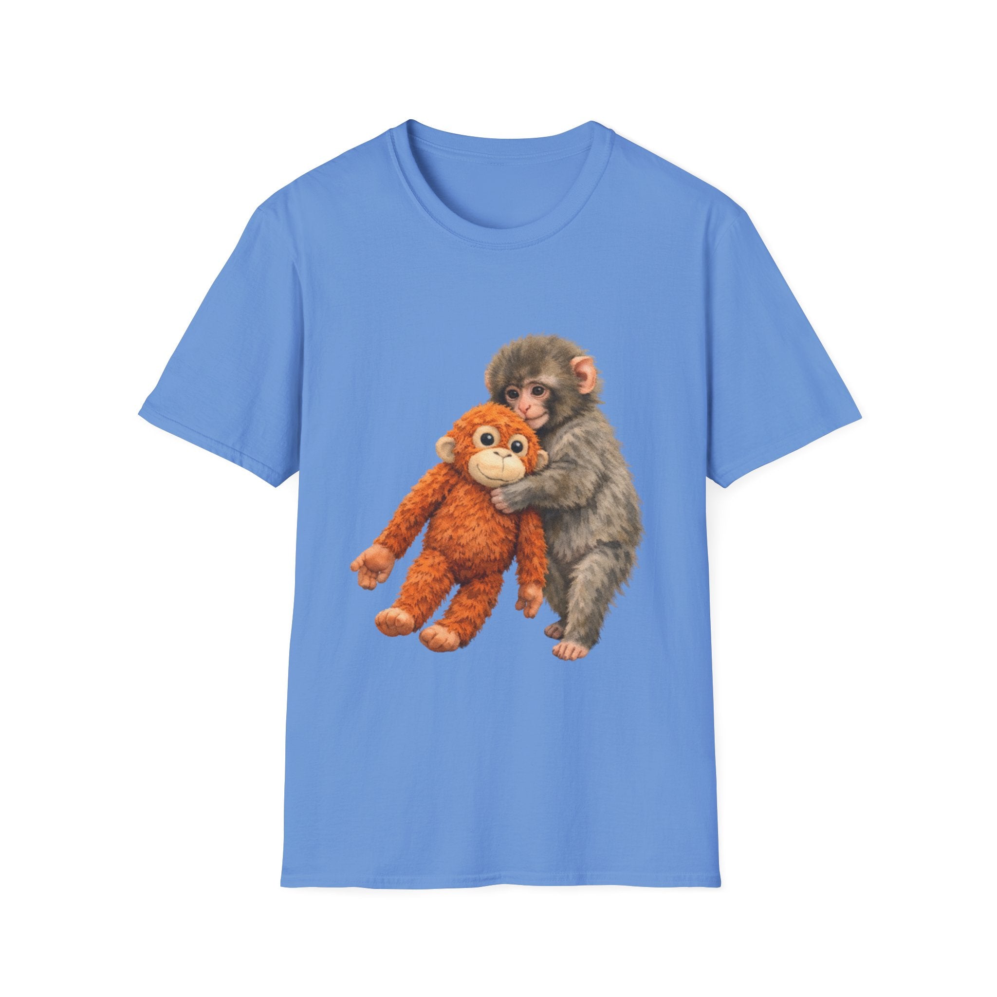 Chimpanzee with Stuffed Monkey T‑Shirt — Cute Baby Ape Holding Plush Tee