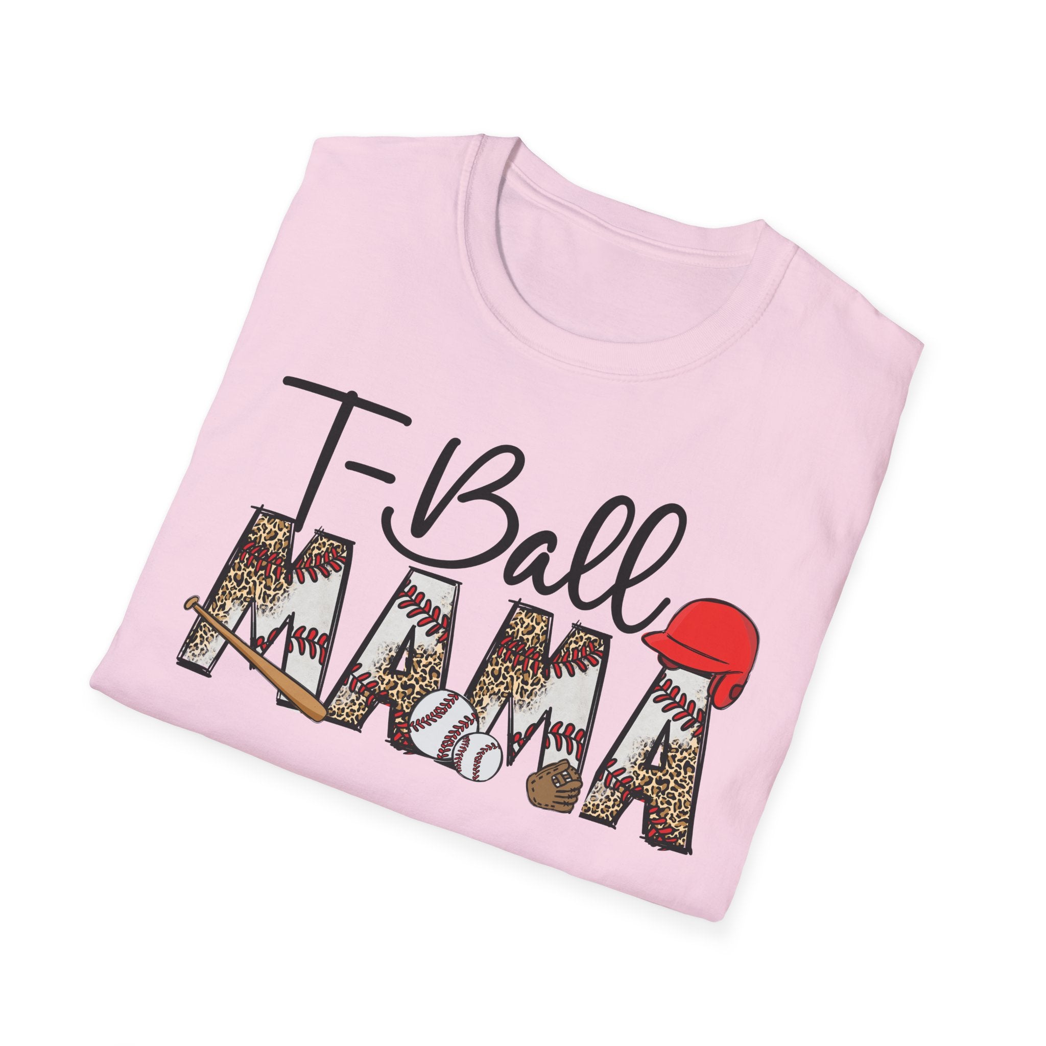 T‑Ball Mama T-Shirt — Leopard Print 'Mama' with Red Cap, Cute Sports Mom Tee