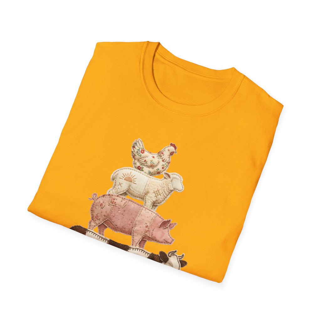 Farm Animal Stack T-Shirt — Vintage Cow, Pig, Sheep & Chicken Graphic Tee