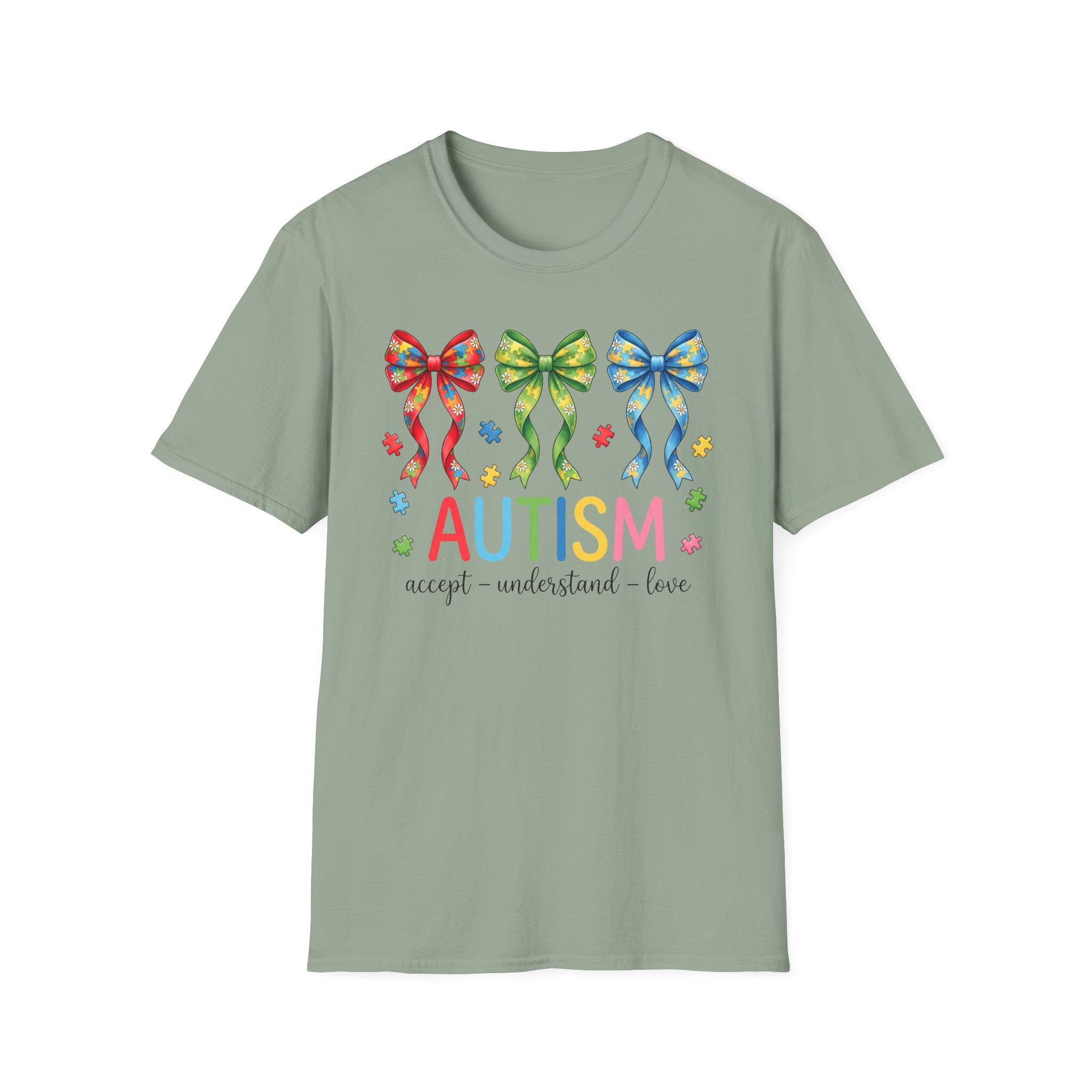 Autism Awareness T-Shirt — "Autism: Accept • Understand • Love" with Colorful Ribbon Bows