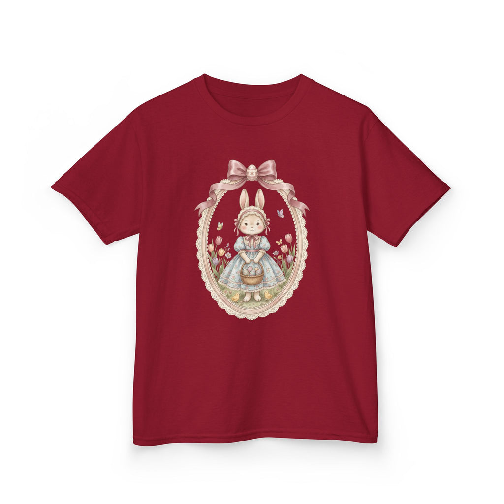 Kids T-Shirt — Vintage Bunny Girl Oval Portrait Tee (Pastel Floral, Bow Accent)