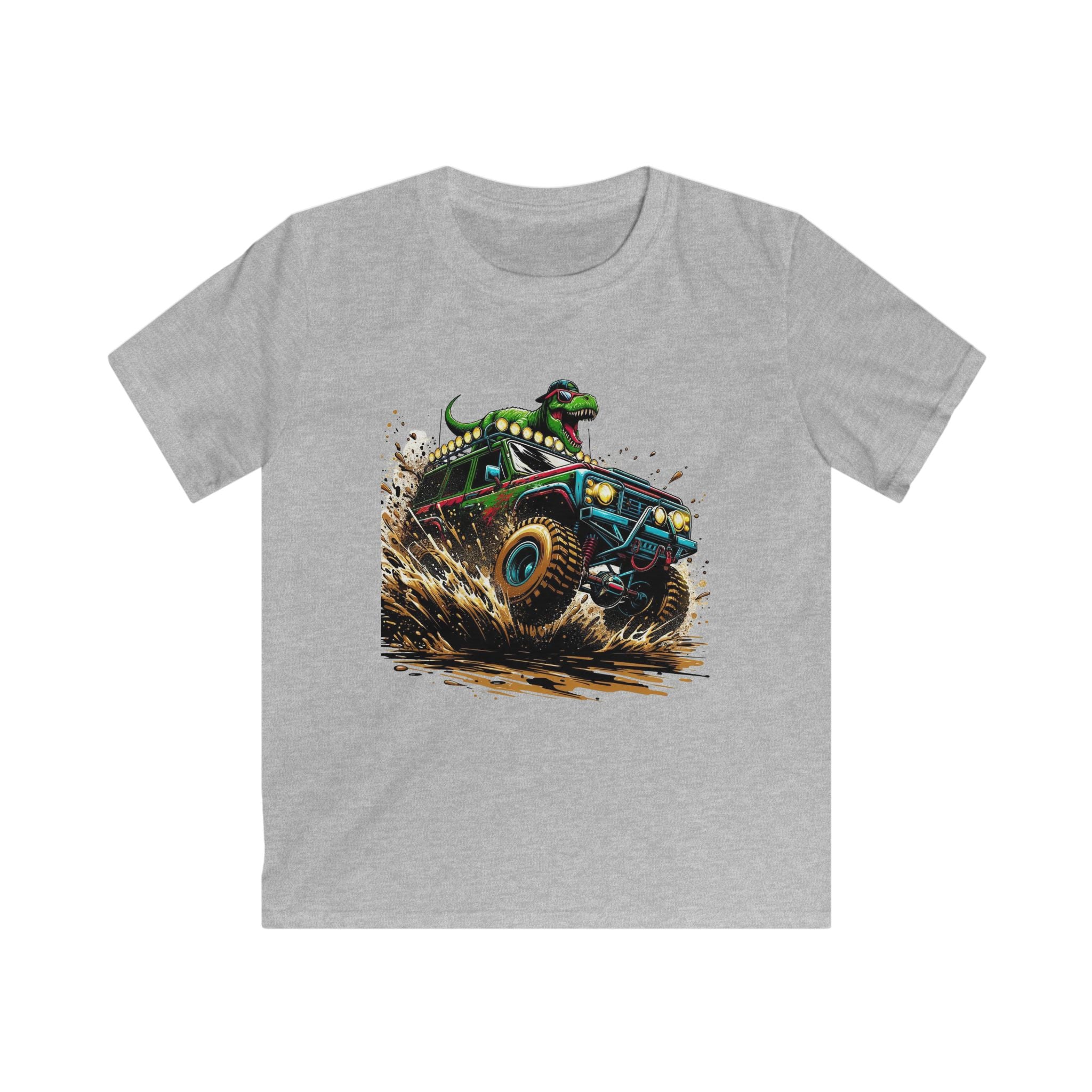 Kids Tee — Dino Driving Monster Truck Graphic Shirt