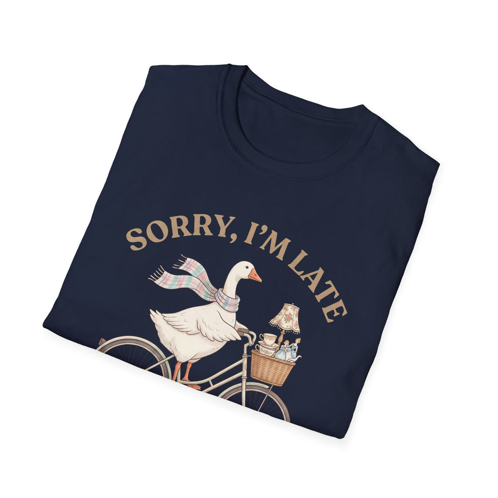 Thrifting Goose T‑Shirt — "Sorry I'm Late I Was Busy Thrifting" Vintage Bike Design