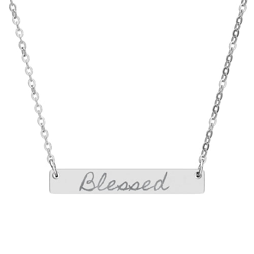 Blessed Engraved Bar Necklace — Personalized Horizontal Nameplate Jewelry (Silver or Rose Gold)