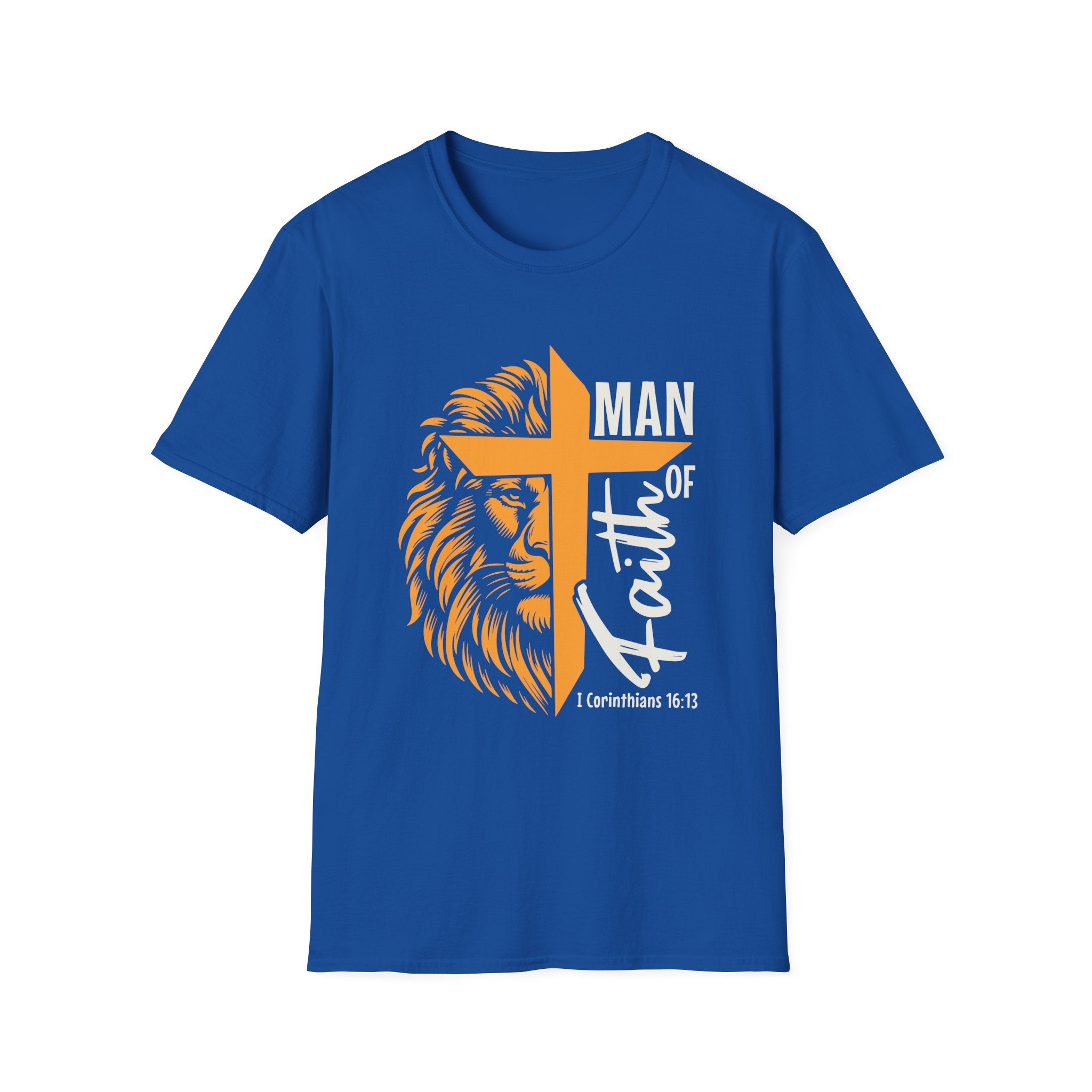 Man of Faith T-Shirt — Lion & Cross Christian Tee (1 Corinthians 16:13)