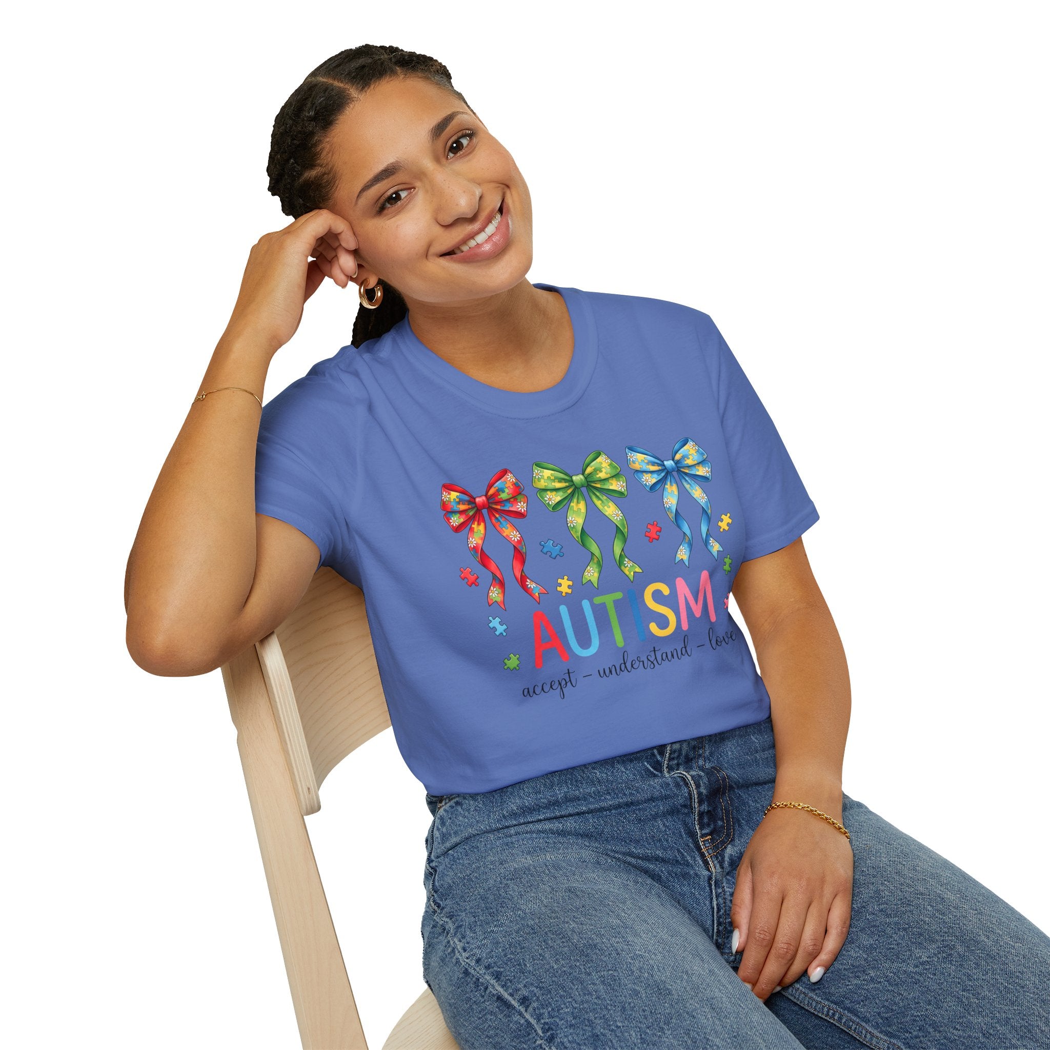 Autism Awareness T-Shirt — "Autism: Accept • Understand • Love" with Colorful Ribbon Bows