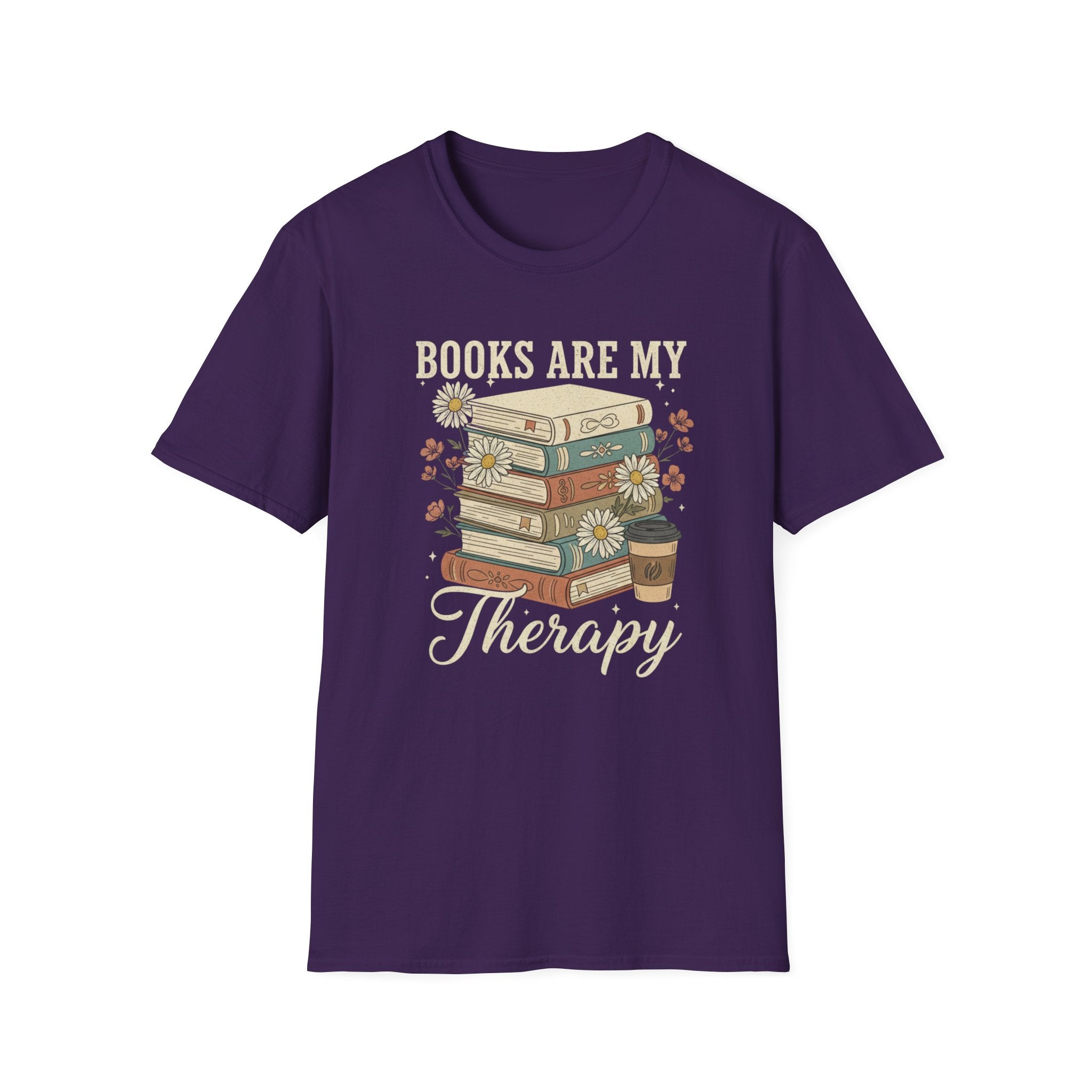 Books Are My Therapy T-Shirt — Stack of Books & Coffee Literary Tee