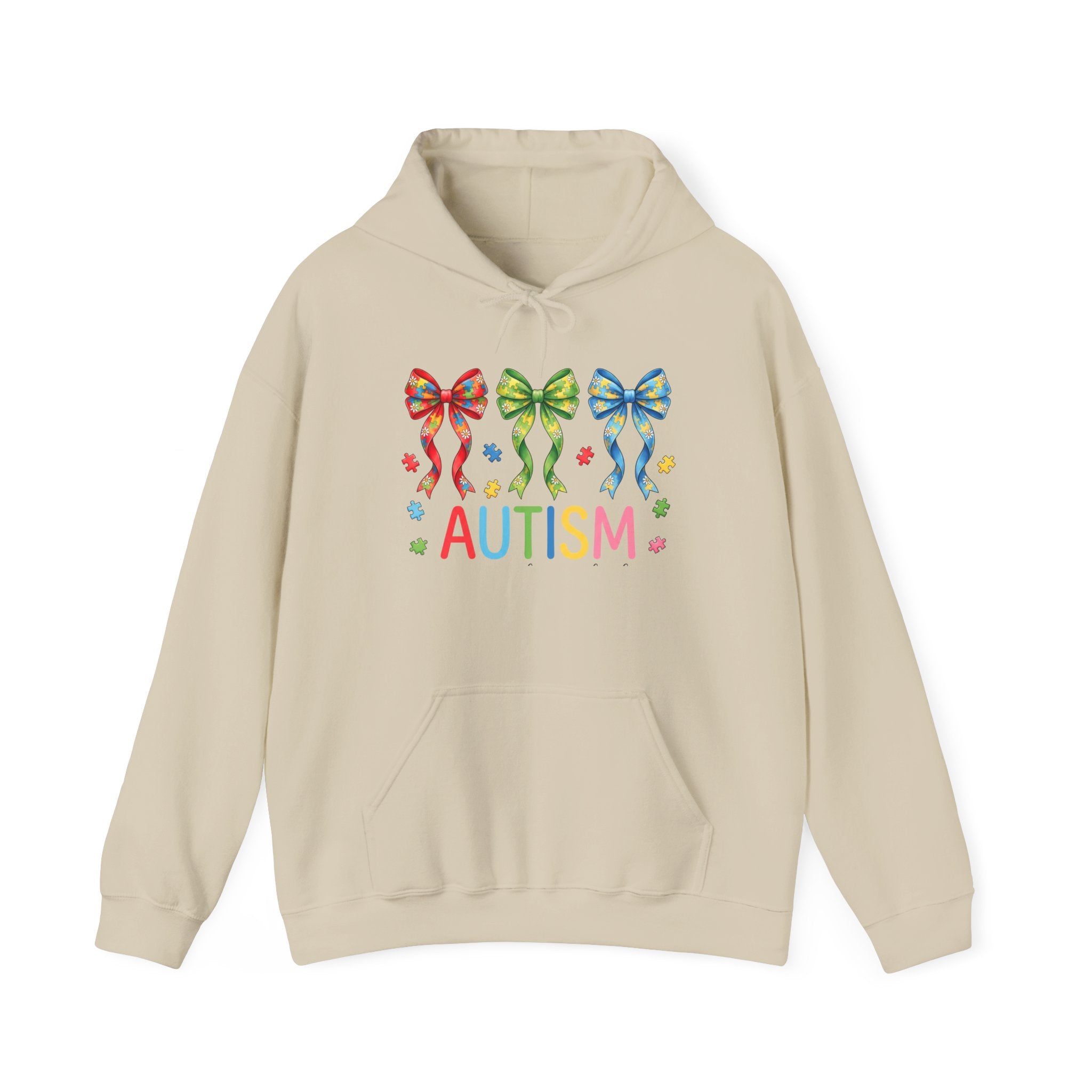 Autism Awareness Hoodie — Rainbow Puzzle Bows Design