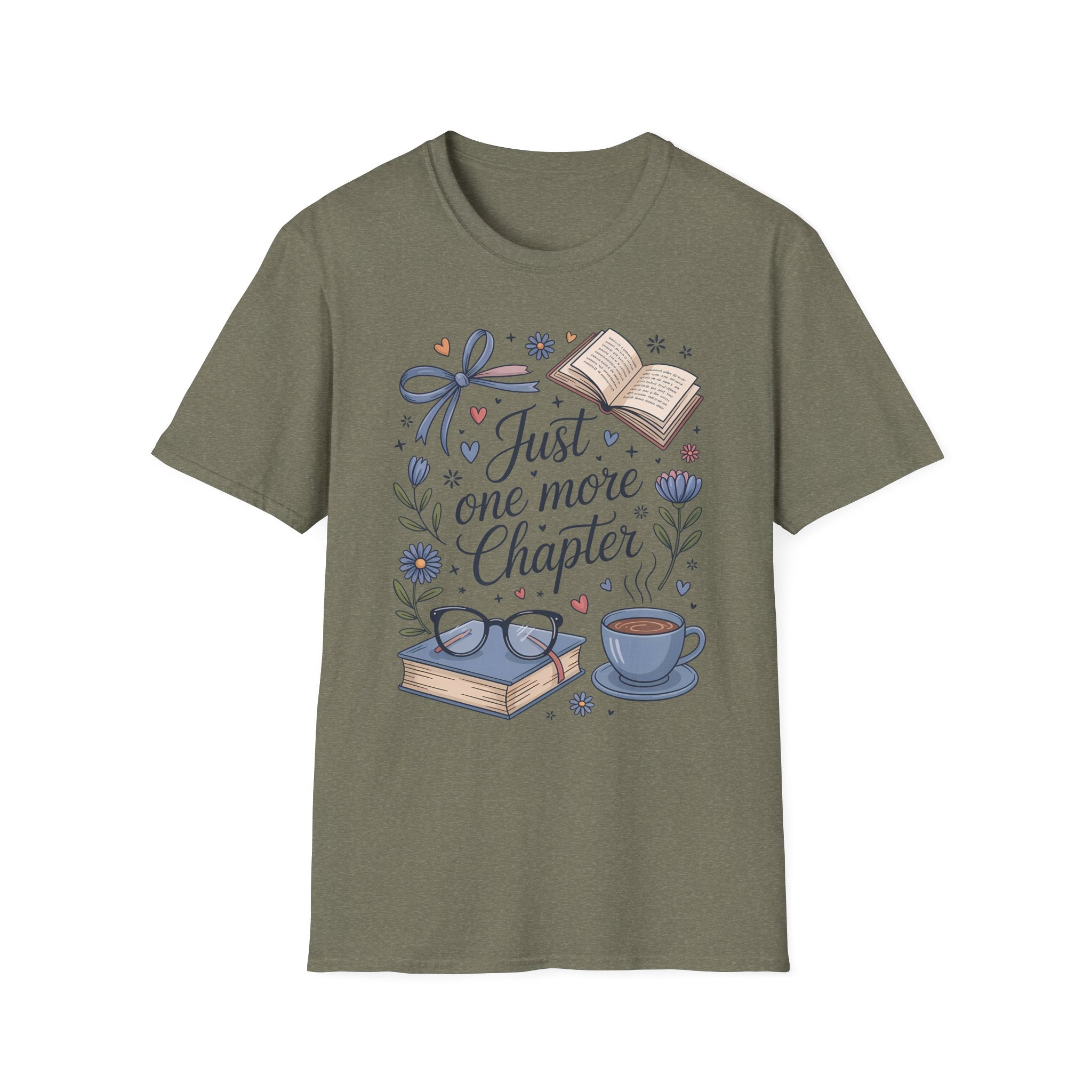T-Shirt — "Just One More Chapter" Book Lover Tee with Glasses & Coffee