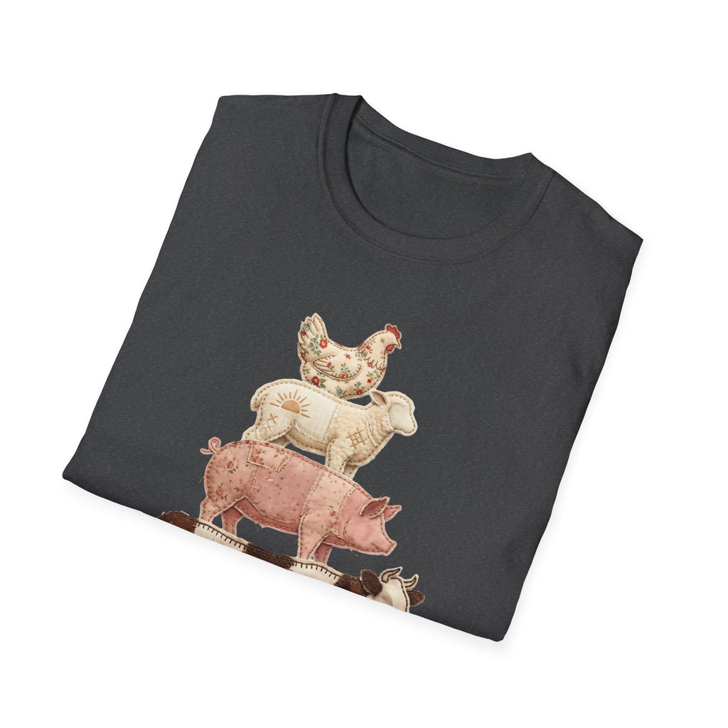 Farm Animal Stack T-Shirt — Vintage Cow, Pig, Sheep & Chicken Graphic Tee