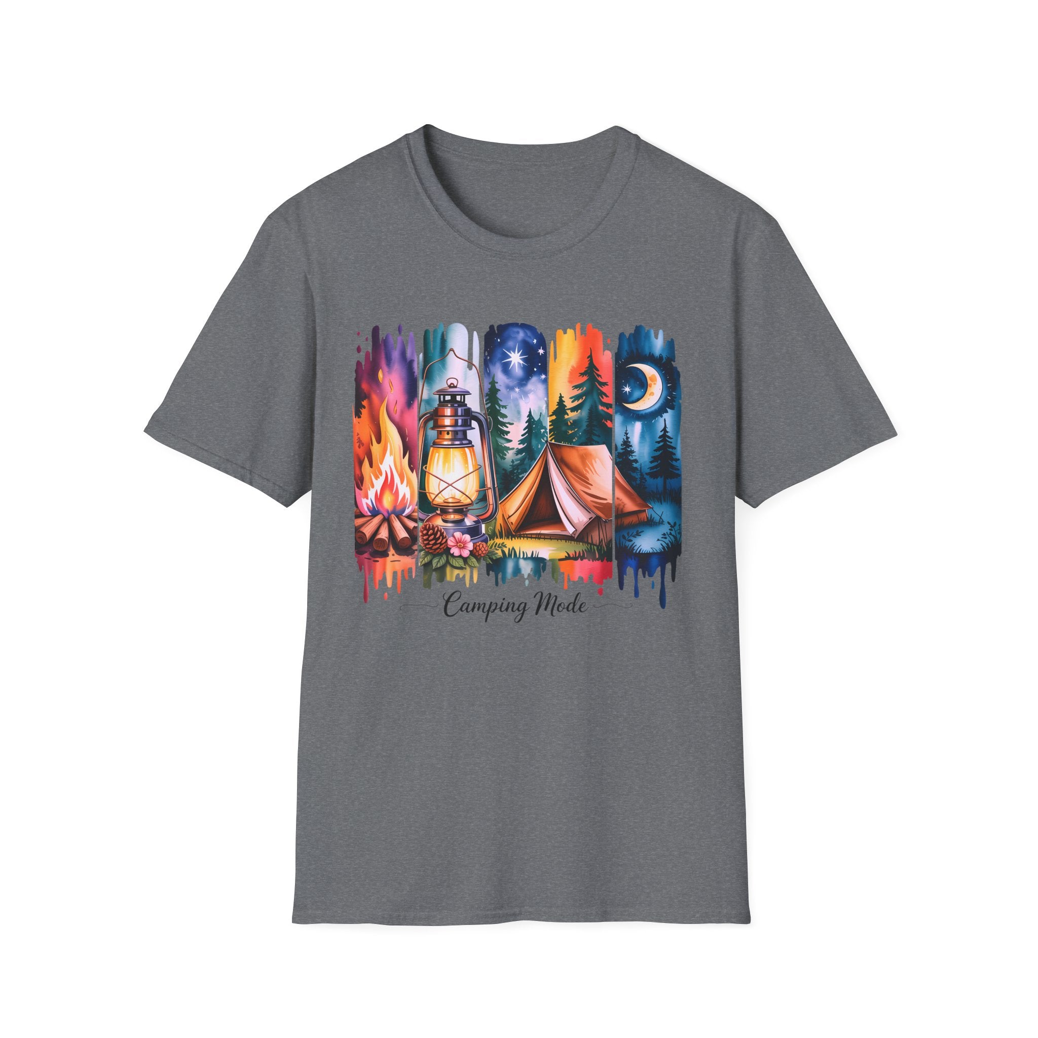 Camping Mode T-Shirt — Watercolor Campfire Lantern Tent Graphic Tee