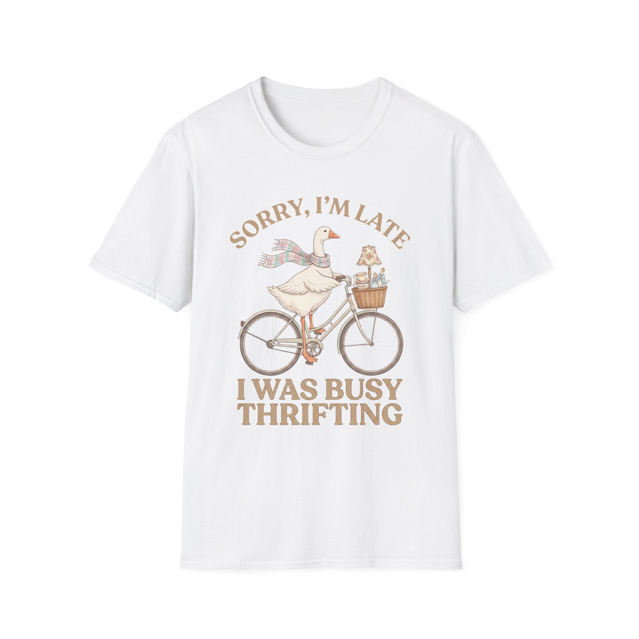 Thrifting Goose T‑Shirt — "Sorry I'm Late I Was Busy Thrifting" Vintage Bike Design