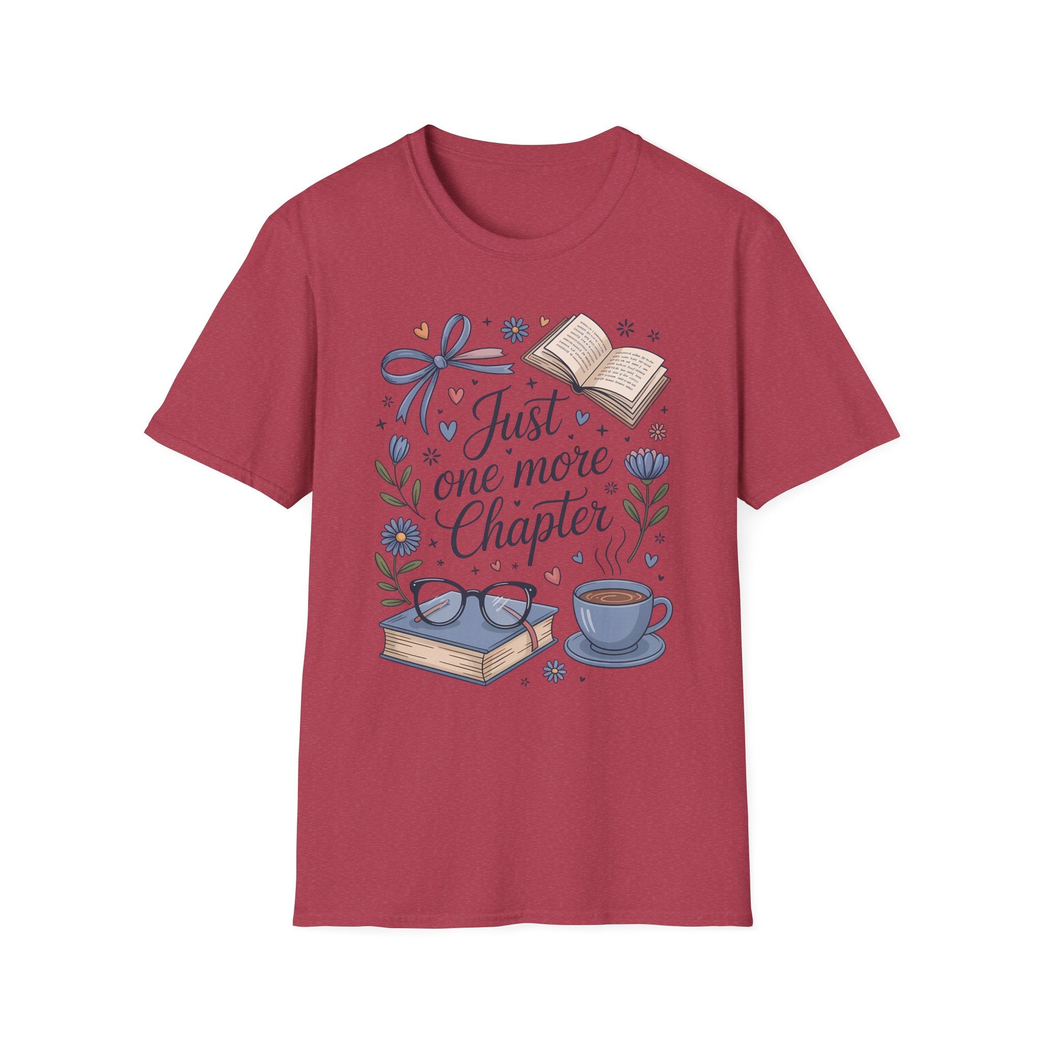 T-Shirt — "Just One More Chapter" Book Lover Tee with Glasses & Coffee