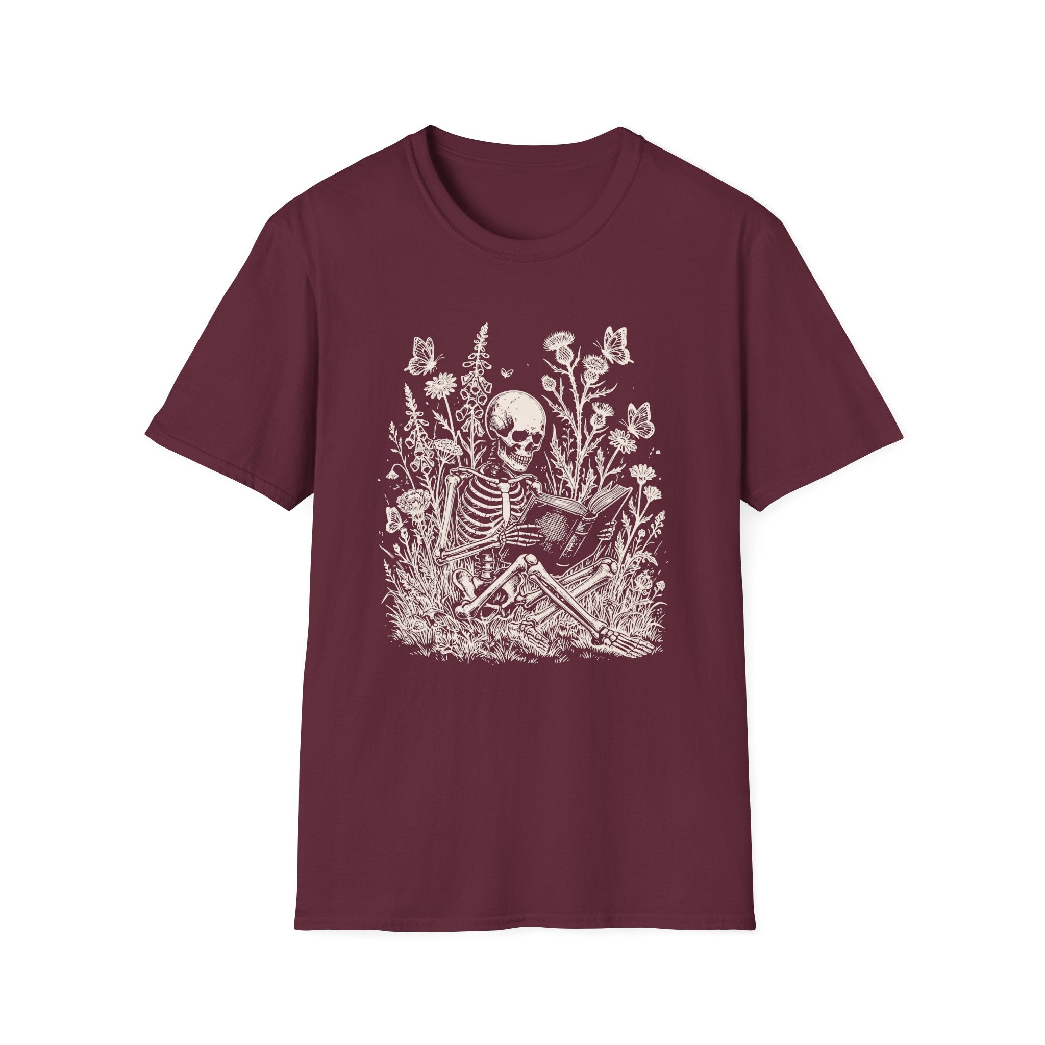 Skeleton Reading in Wildflowers T-Shirt — Gothic Floral Skull Tee