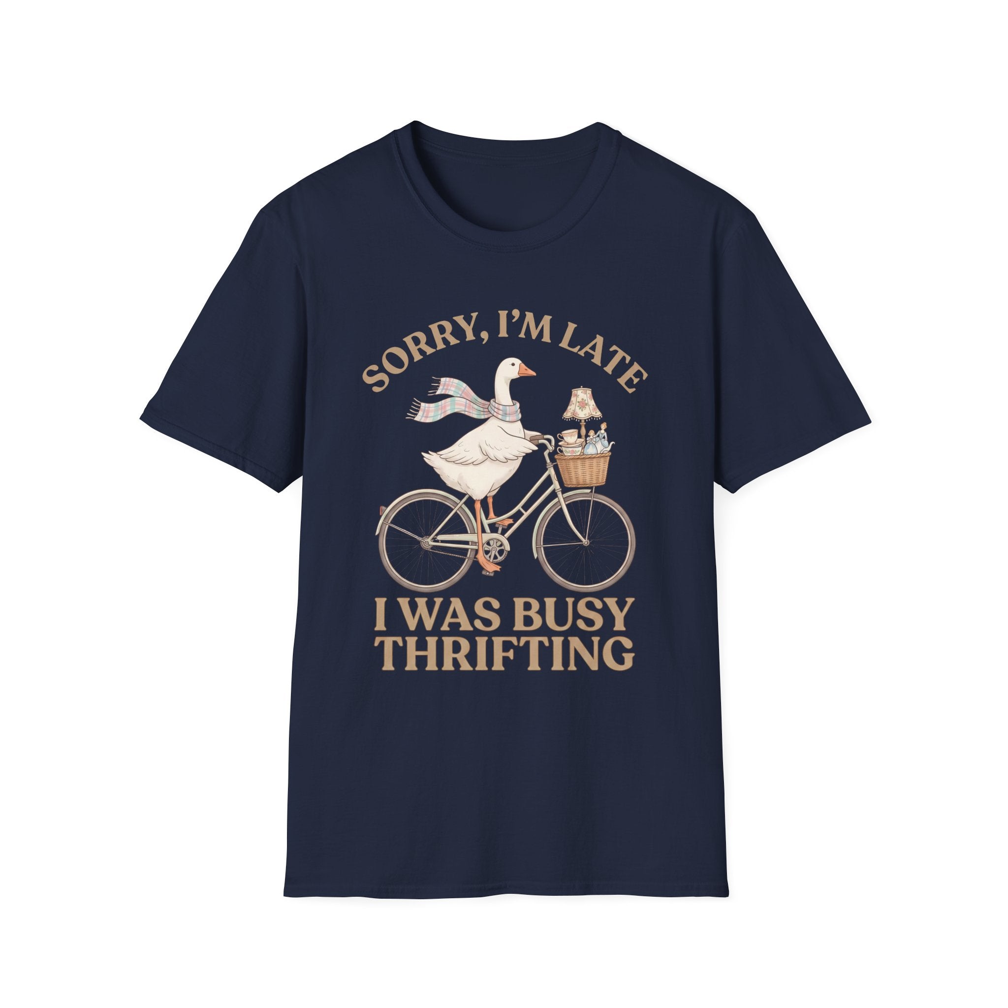 Thrifting Goose T‑Shirt — "Sorry I'm Late I Was Busy Thrifting" Vintage Bike Design