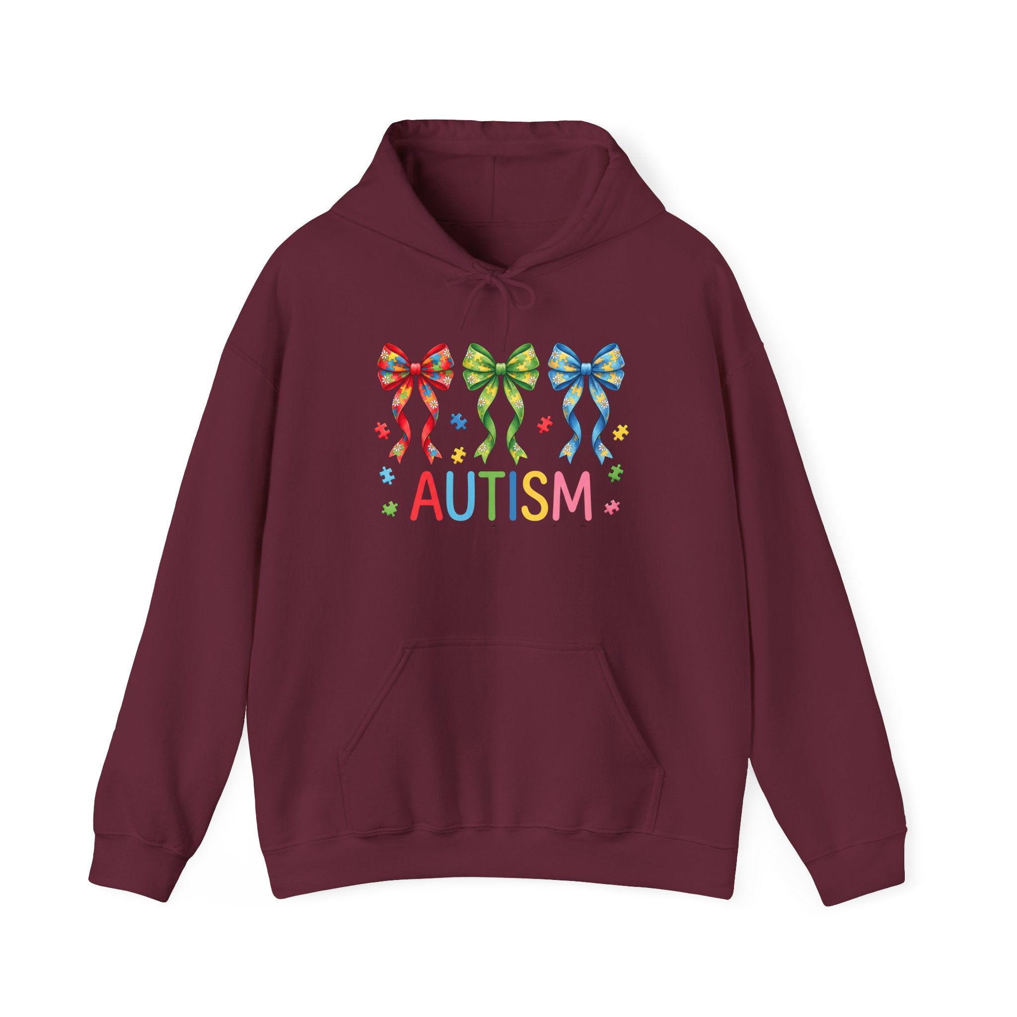 Autism Awareness Hoodie — Rainbow Puzzle Bows Design