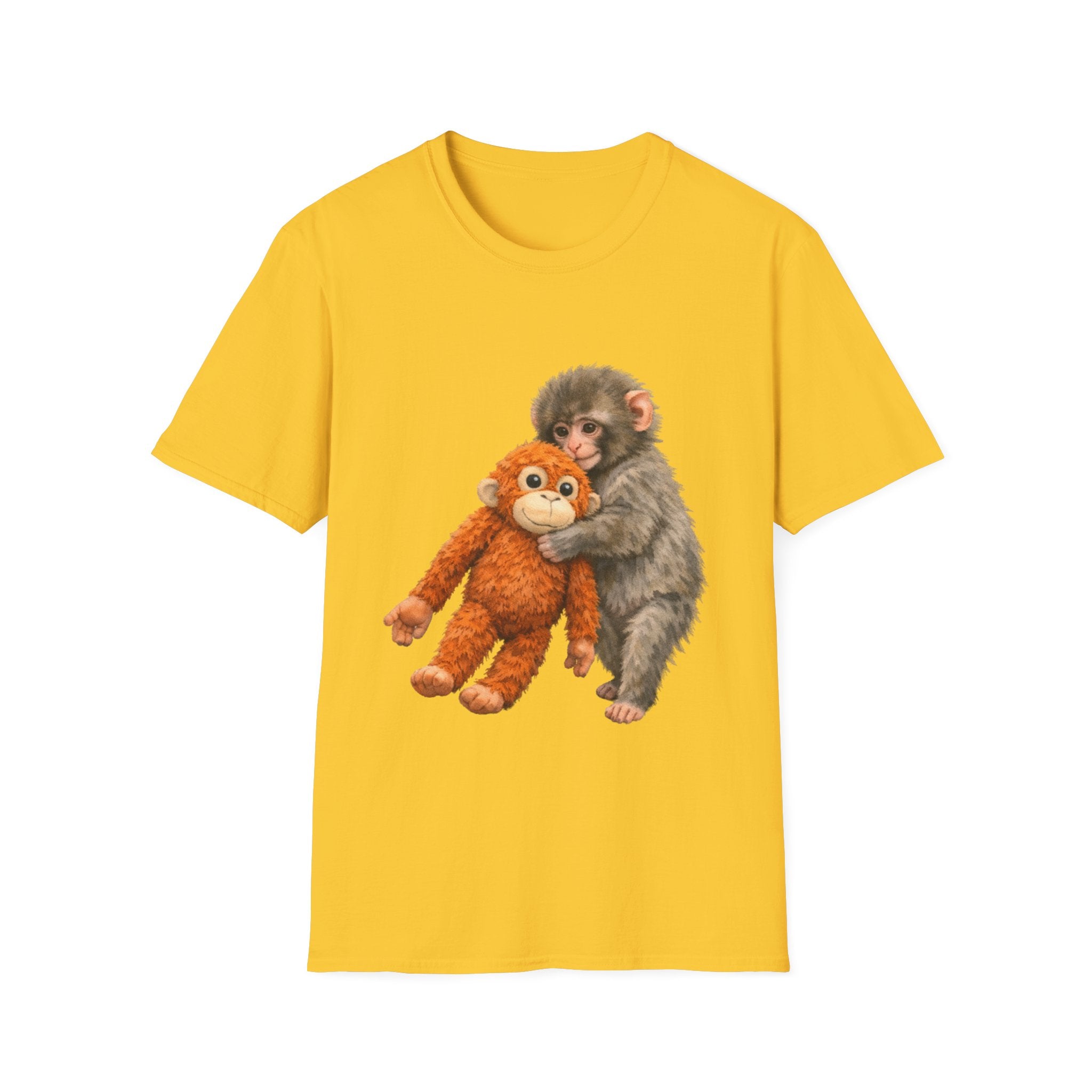 Chimpanzee with Stuffed Monkey T‑Shirt — Cute Baby Ape Holding Plush Tee