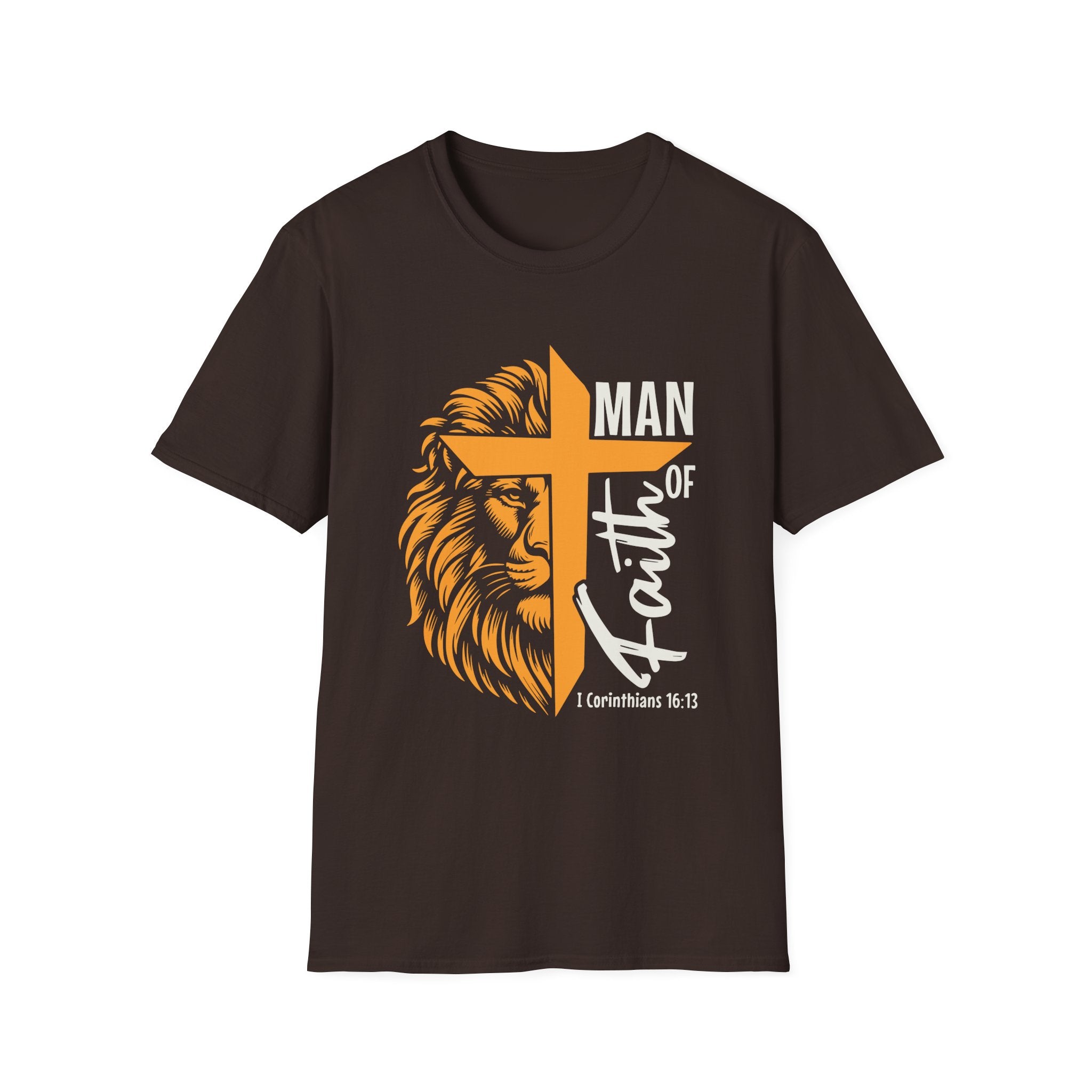 Man of Faith T-Shirt — Lion & Cross Christian Tee (1 Corinthians 16:13)