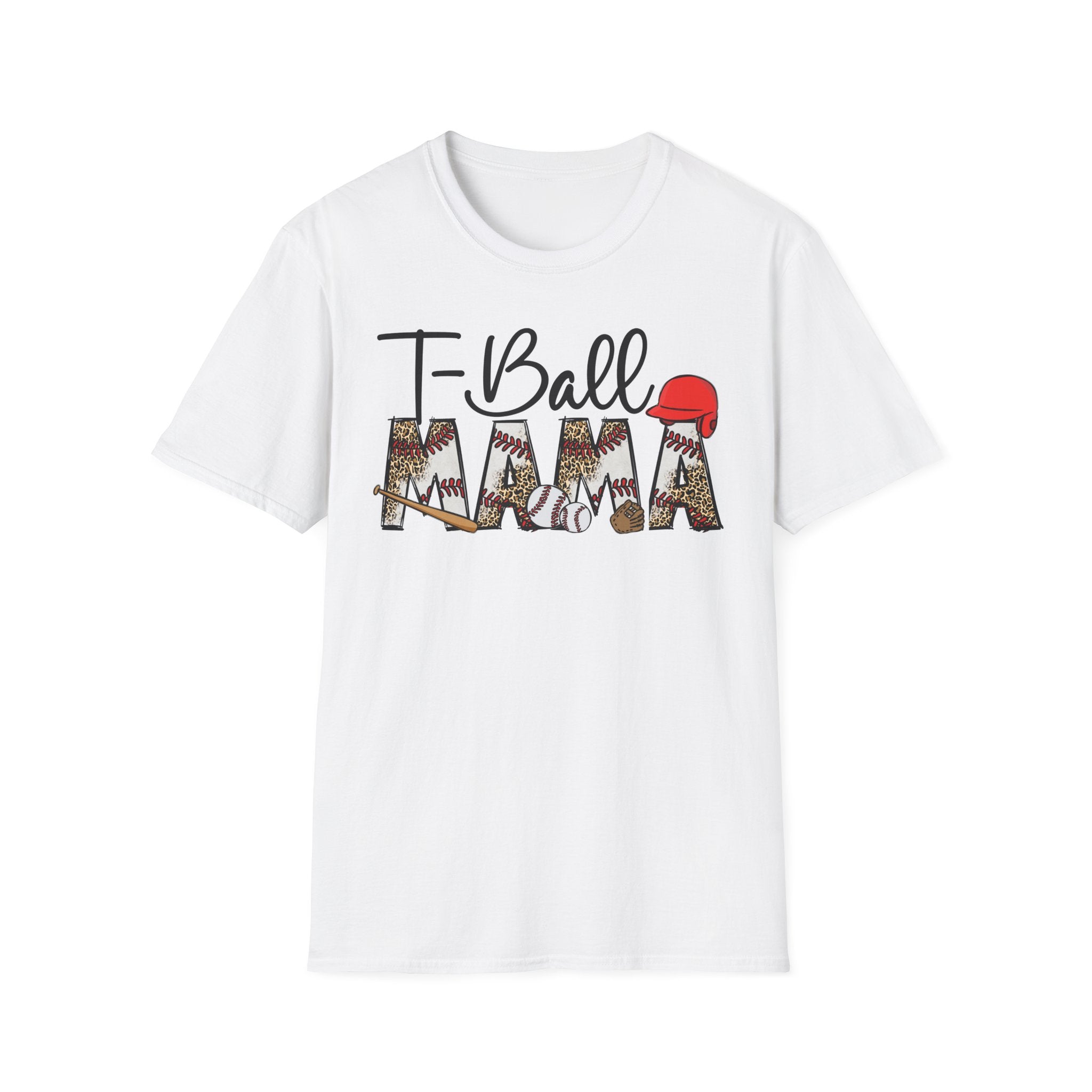 T‑Ball Mama T-Shirt — Leopard Print 'Mama' with Red Cap, Cute Sports Mom Tee