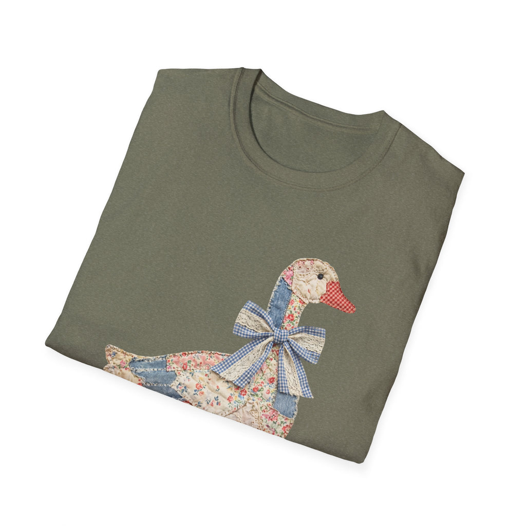 Vintage Patchwork Duck T-Shirt — Cute Floral Goose with Bow Tee