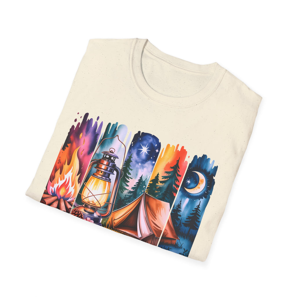 Camping Mode T-Shirt — Watercolor Campfire Lantern Tent Graphic Tee