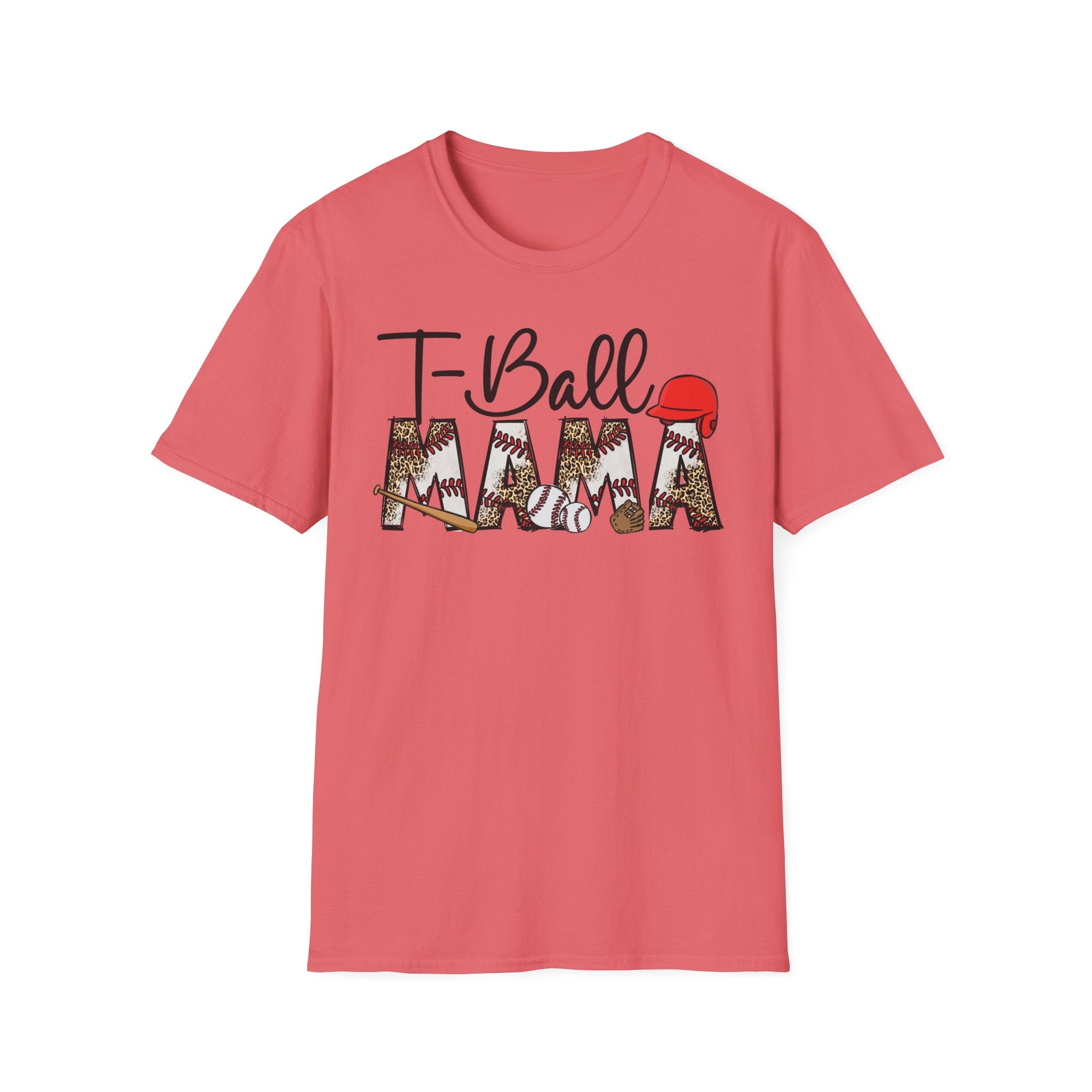 T‑Ball Mama T-Shirt — Leopard Print 'Mama' with Red Cap, Cute Sports Mom Tee