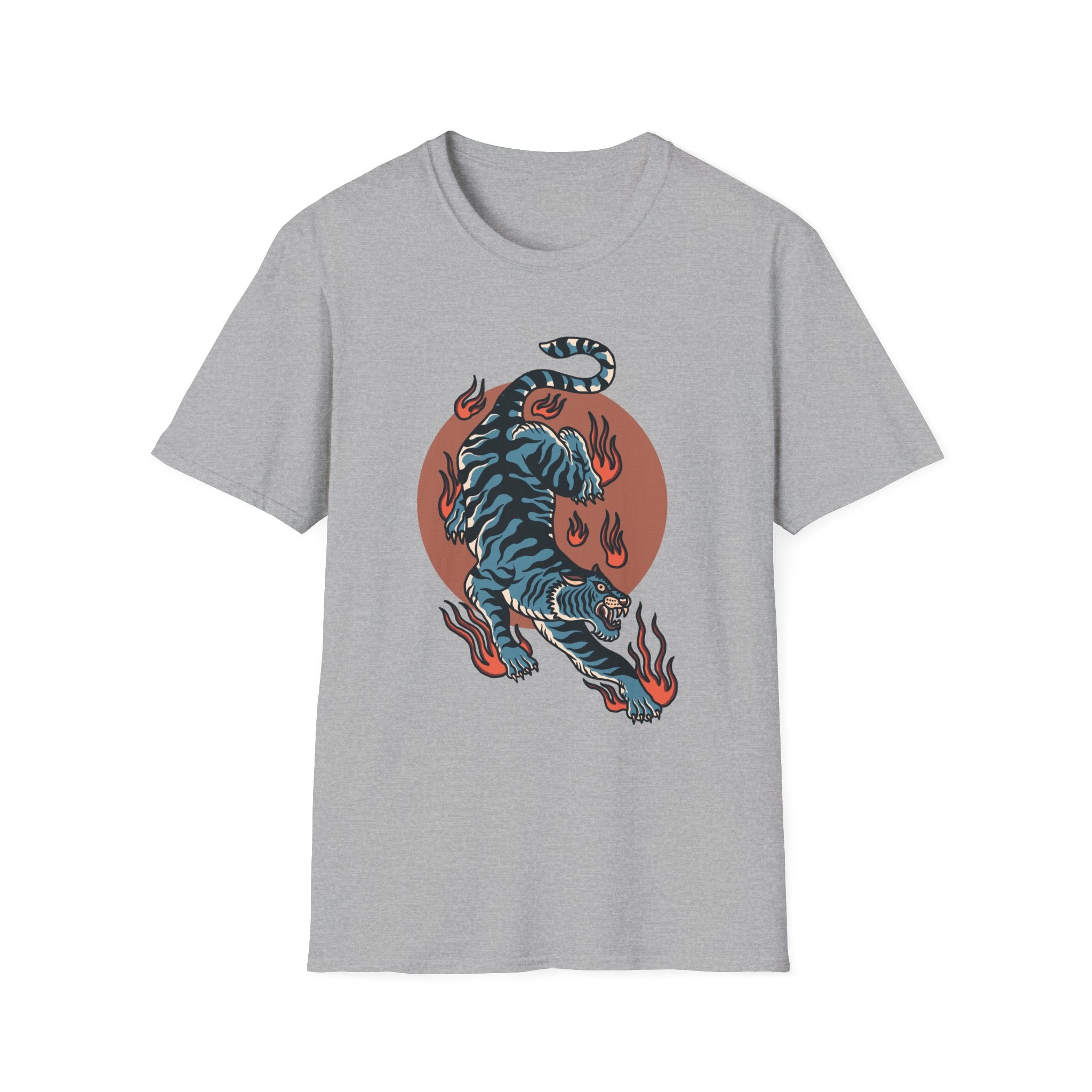 Tiger Blaze T-Shirt — Retro Flaming Tiger Graphic Tee