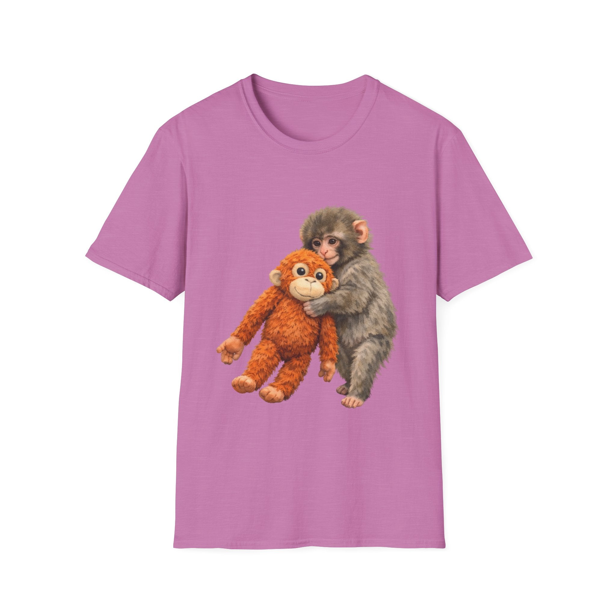 Chimpanzee with Stuffed Monkey T‑Shirt — Cute Baby Ape Holding Plush Tee
