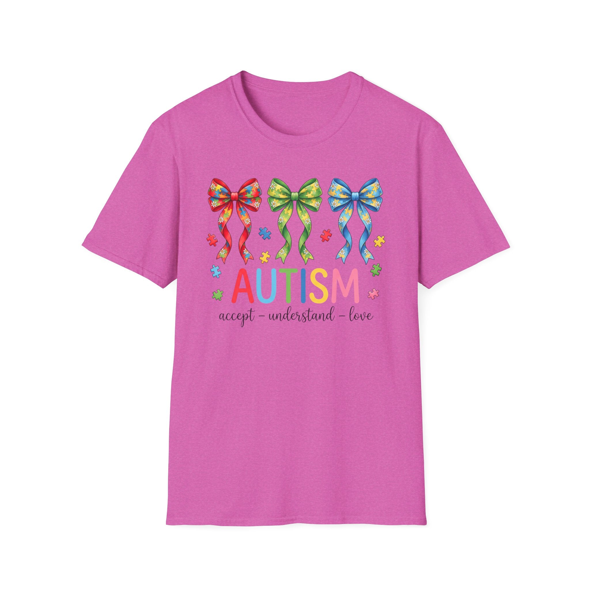 Autism Awareness T-Shirt — "Autism: Accept • Understand • Love" with Colorful Ribbon Bows