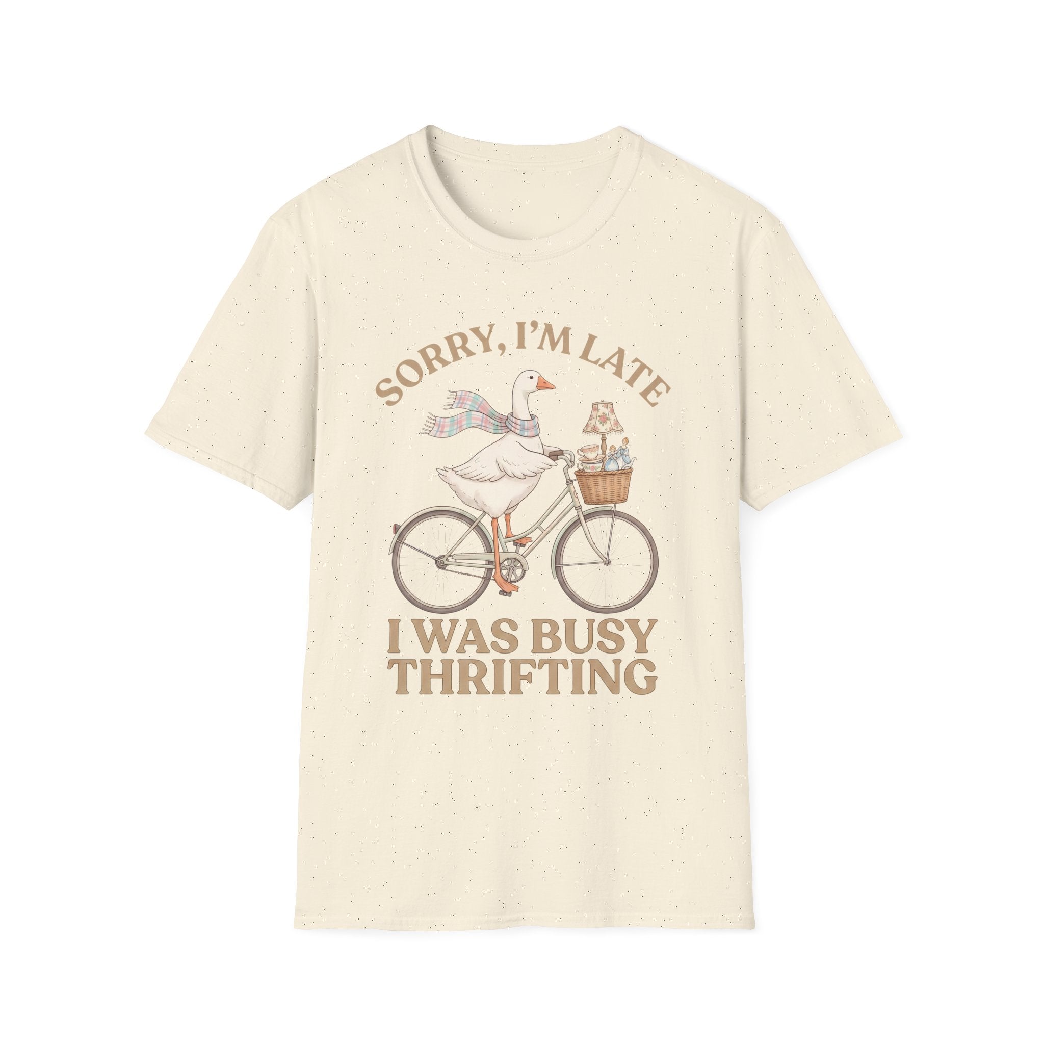 Thrifting Goose T‑Shirt — "Sorry I'm Late I Was Busy Thrifting" Vintage Bike Design