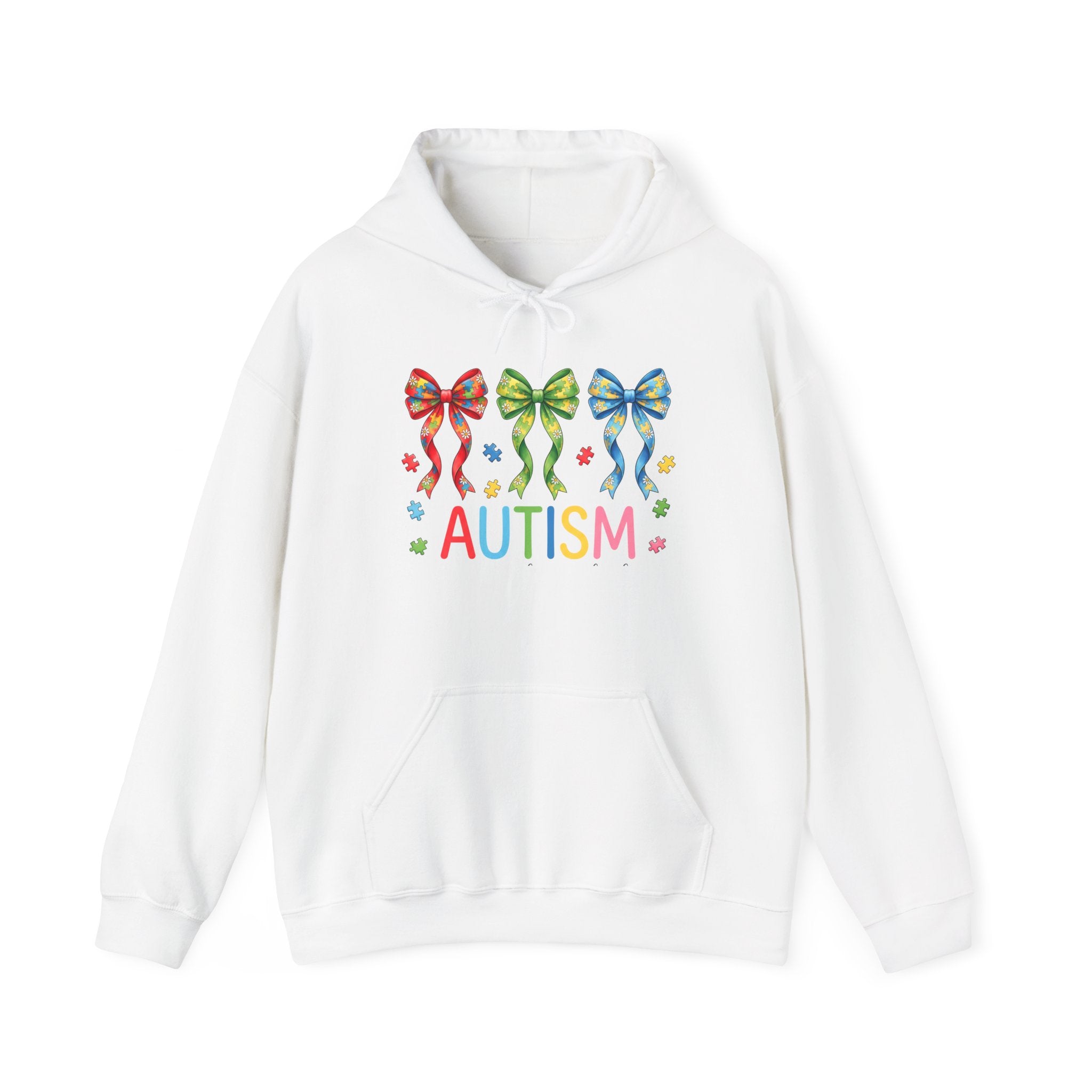 Autism Awareness Hoodie — Rainbow Puzzle Bows Design