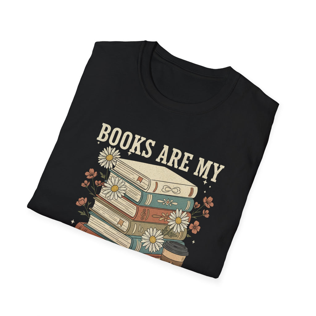 Books Are My Therapy T-Shirt — Stack of Books & Coffee Literary Tee