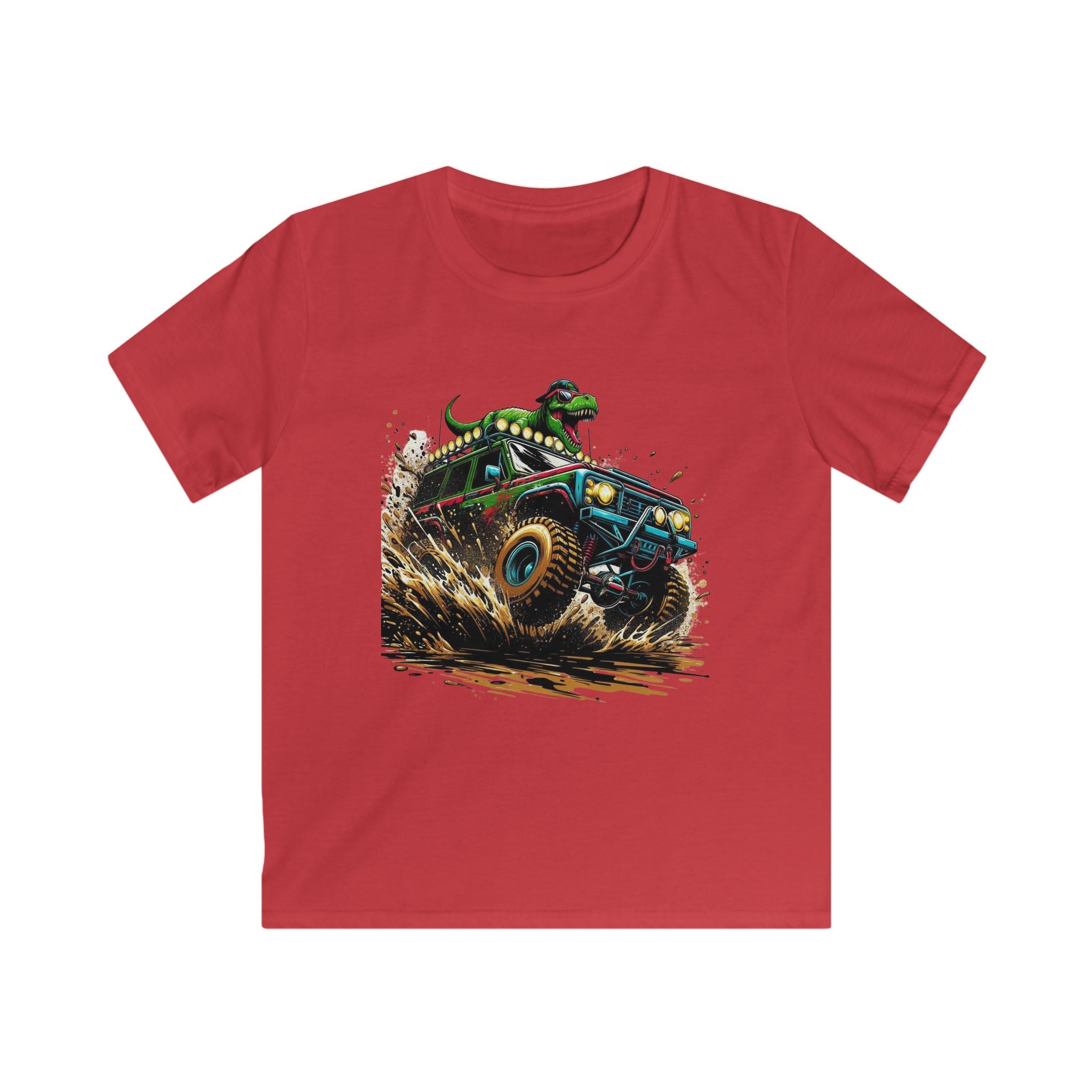 Kids Tee — Dino Driving Monster Truck Graphic Shirt