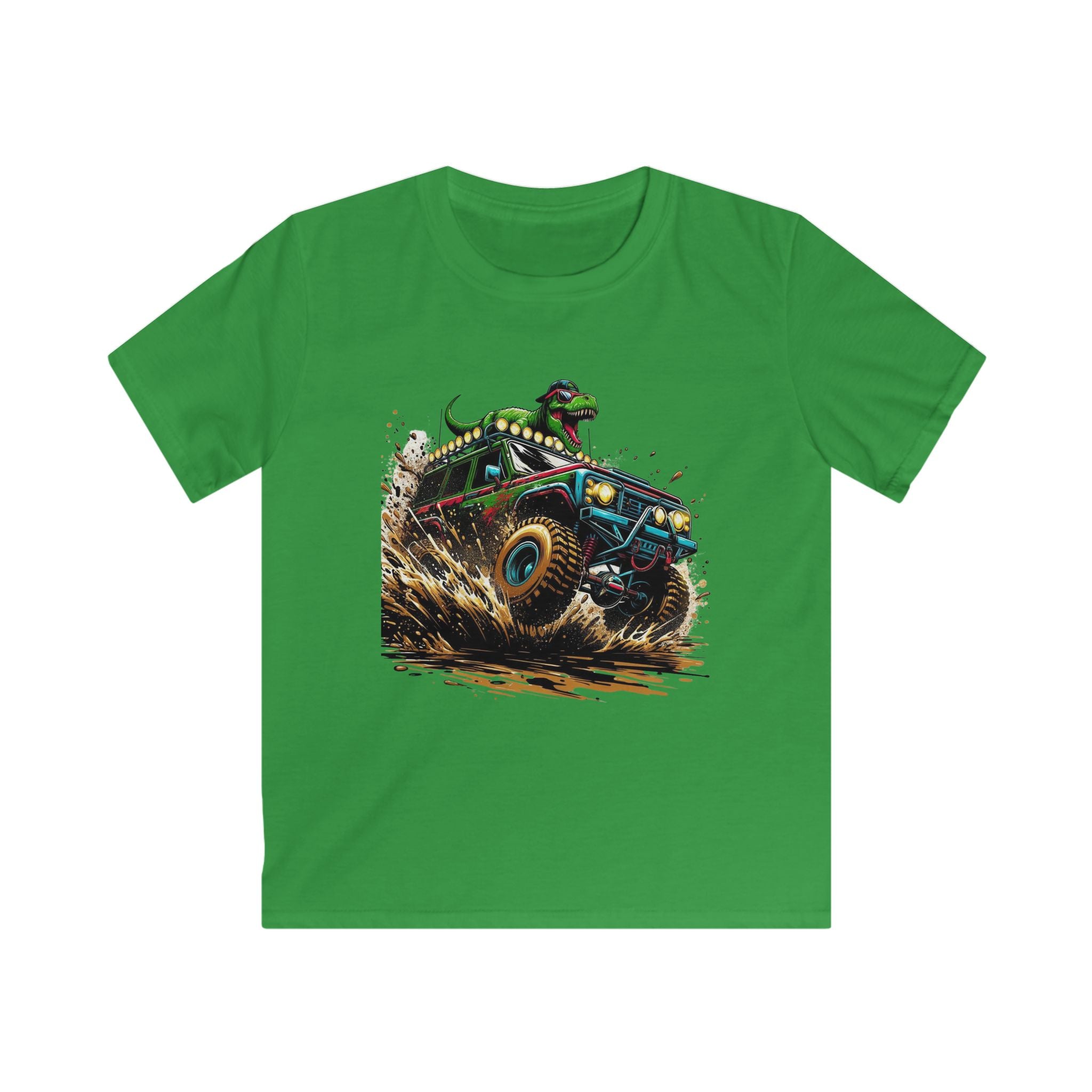 Kids Tee — Dino Driving Monster Truck Graphic Shirt