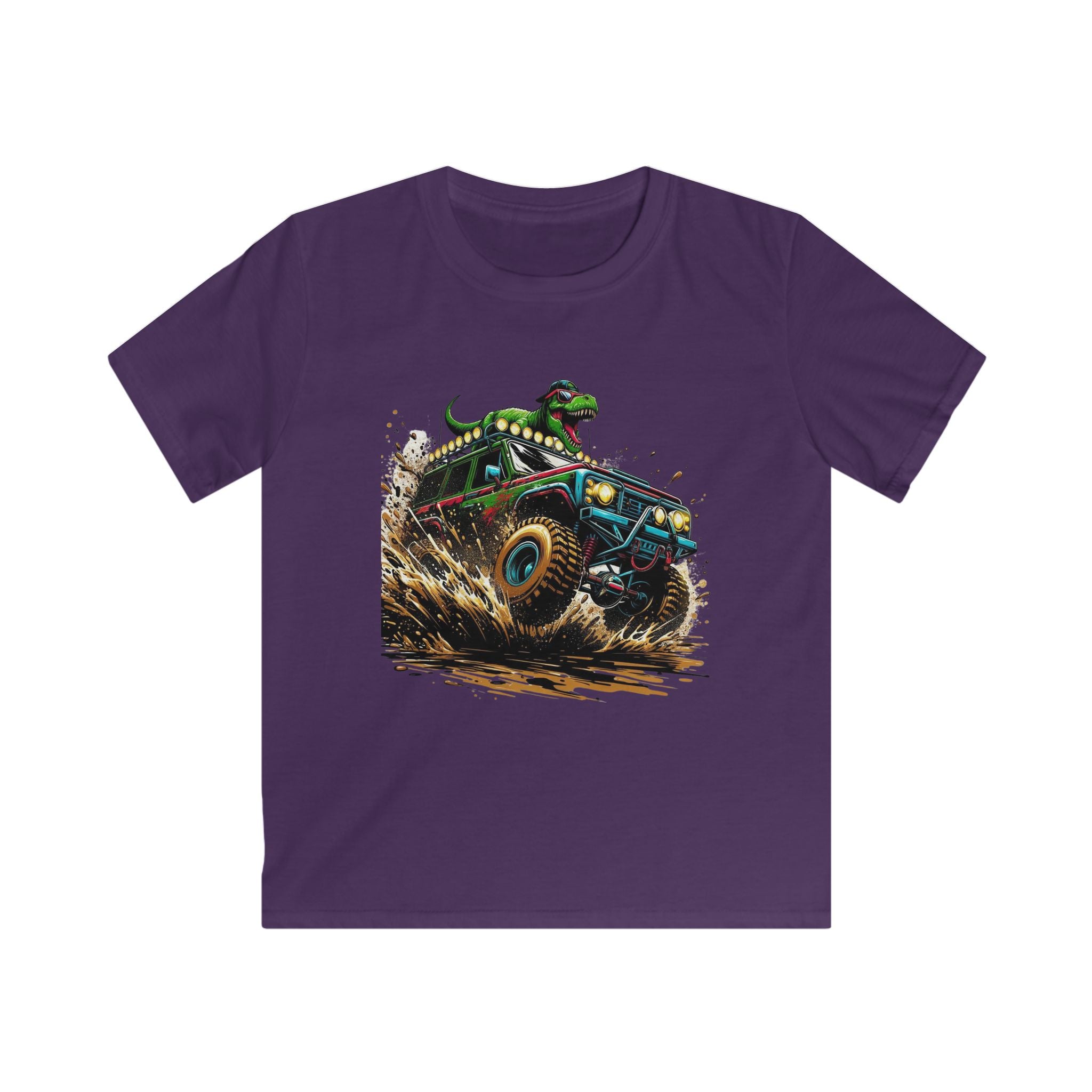Kids Tee — Dino Driving Monster Truck Graphic Shirt