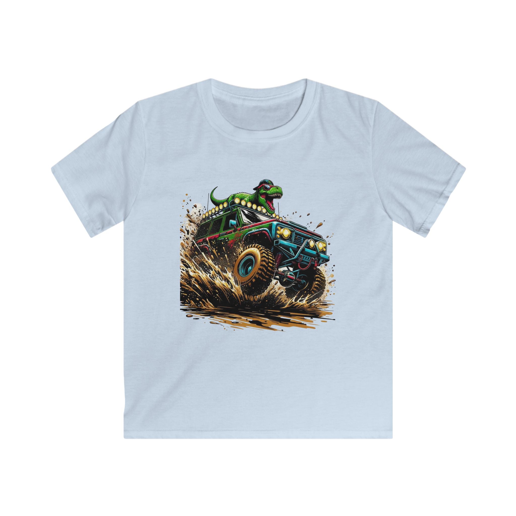 Kids Tee — Dino Driving Monster Truck Graphic Shirt