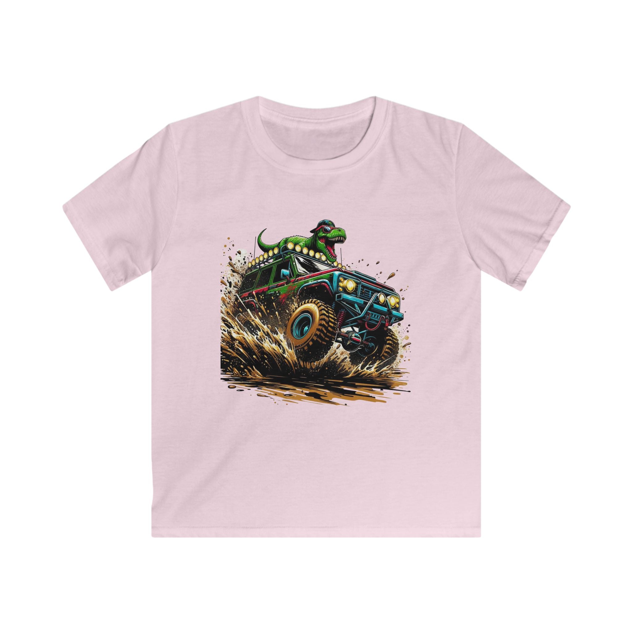Kids Tee — Dino Driving Monster Truck Graphic Shirt