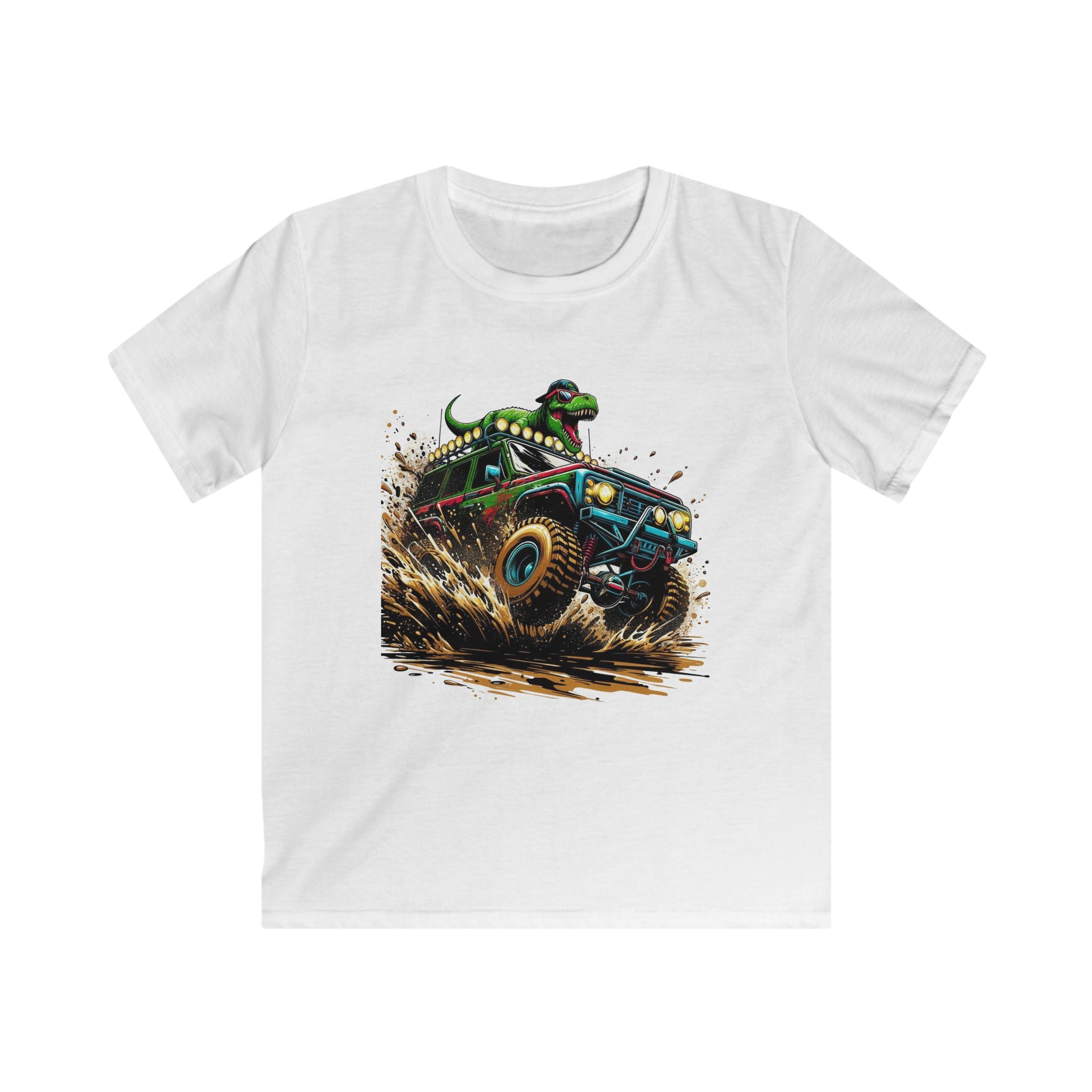 Kids Tee — Dino Driving Monster Truck Graphic Shirt