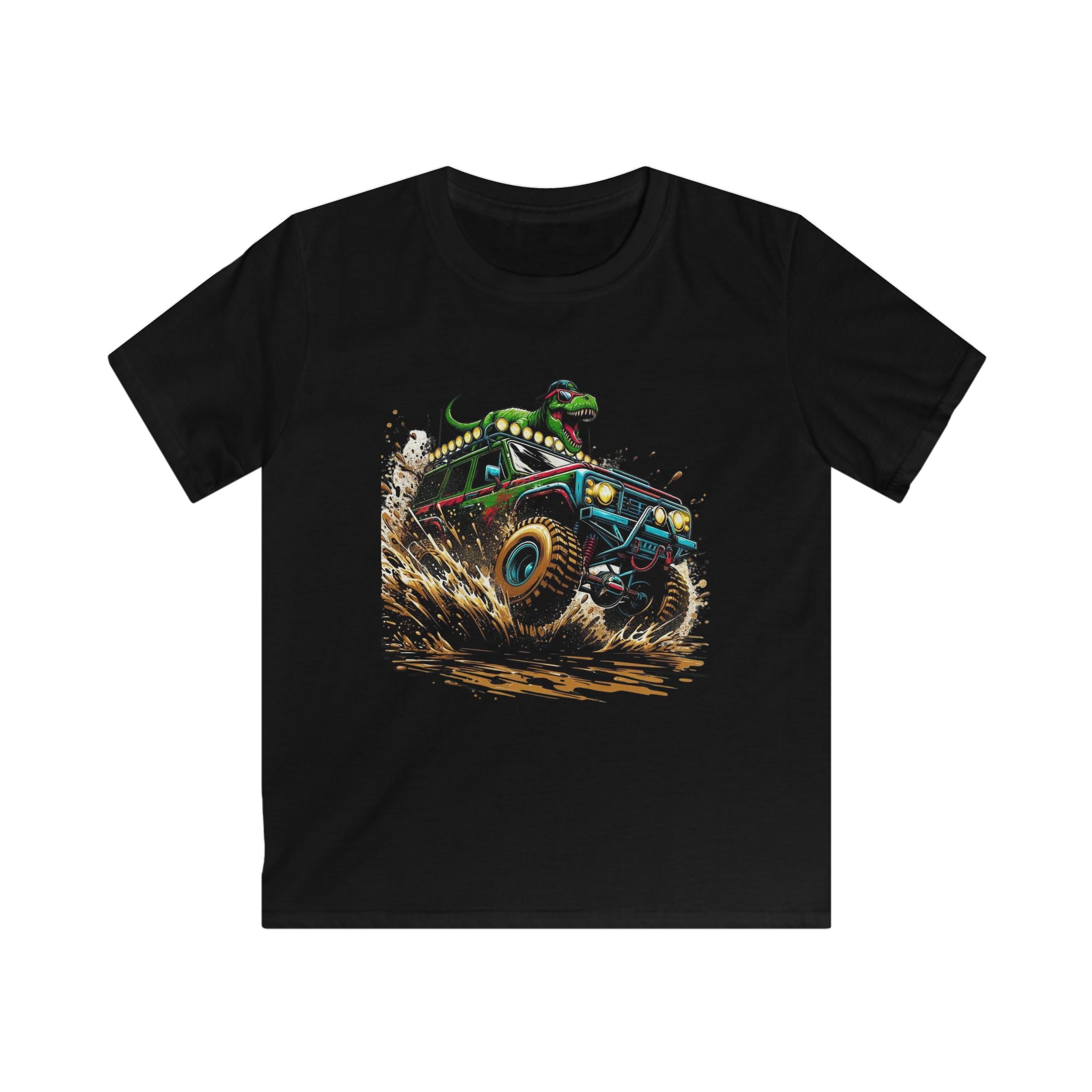 Kids Tee — Dino Driving Monster Truck Graphic Shirt