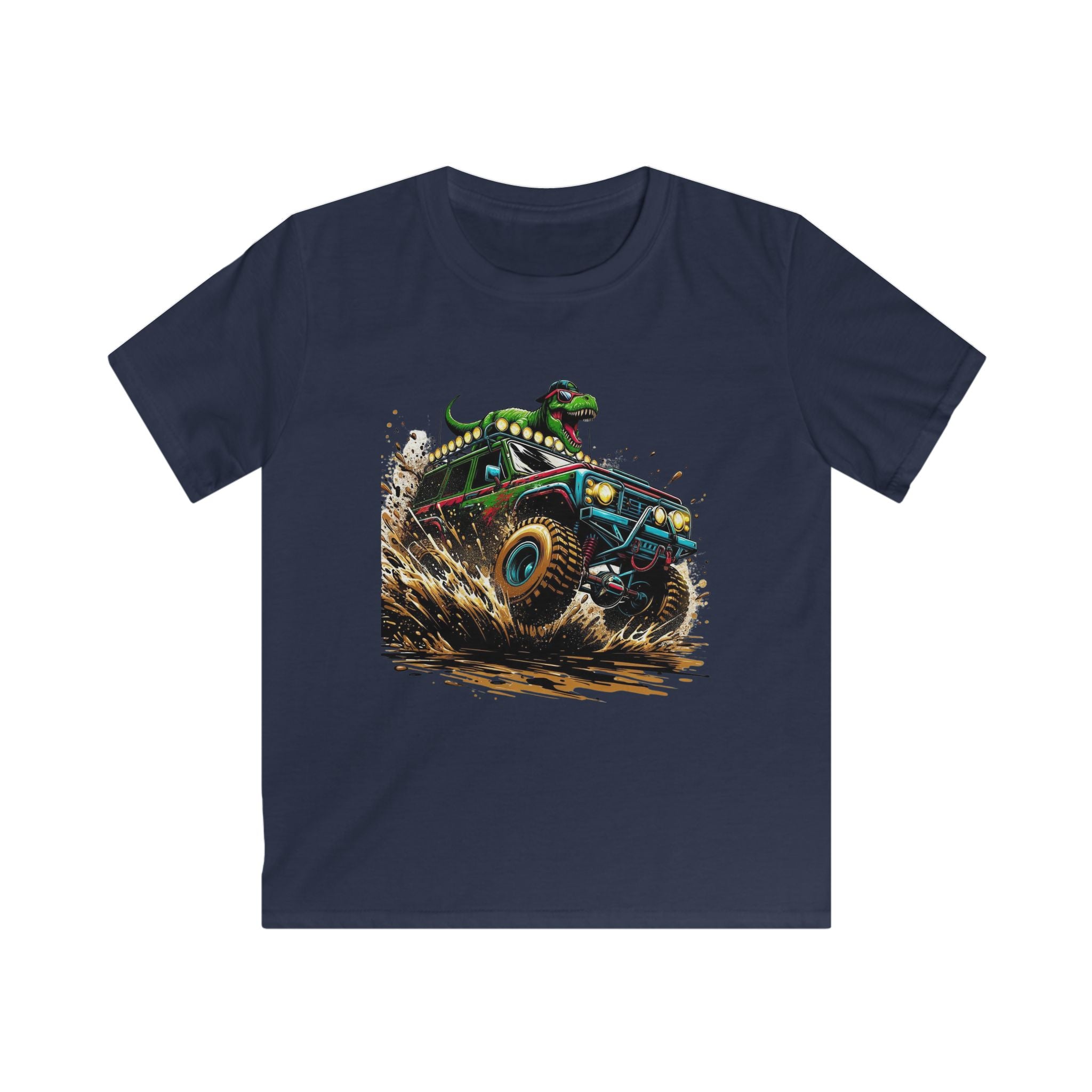 Kids Tee — Dino Driving Monster Truck Graphic Shirt