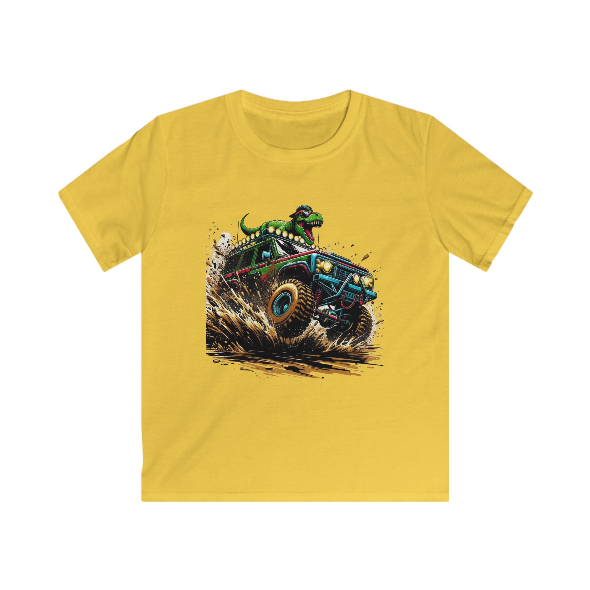 Kids Tee — Dino Driving Monster Truck Graphic Shirt