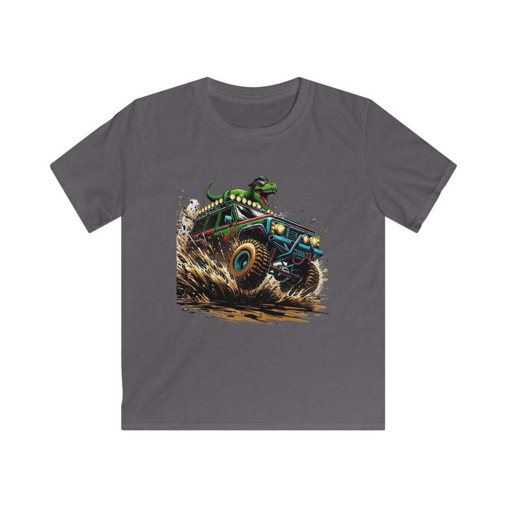 Kids Tee — Dino Driving Monster Truck Graphic Shirt