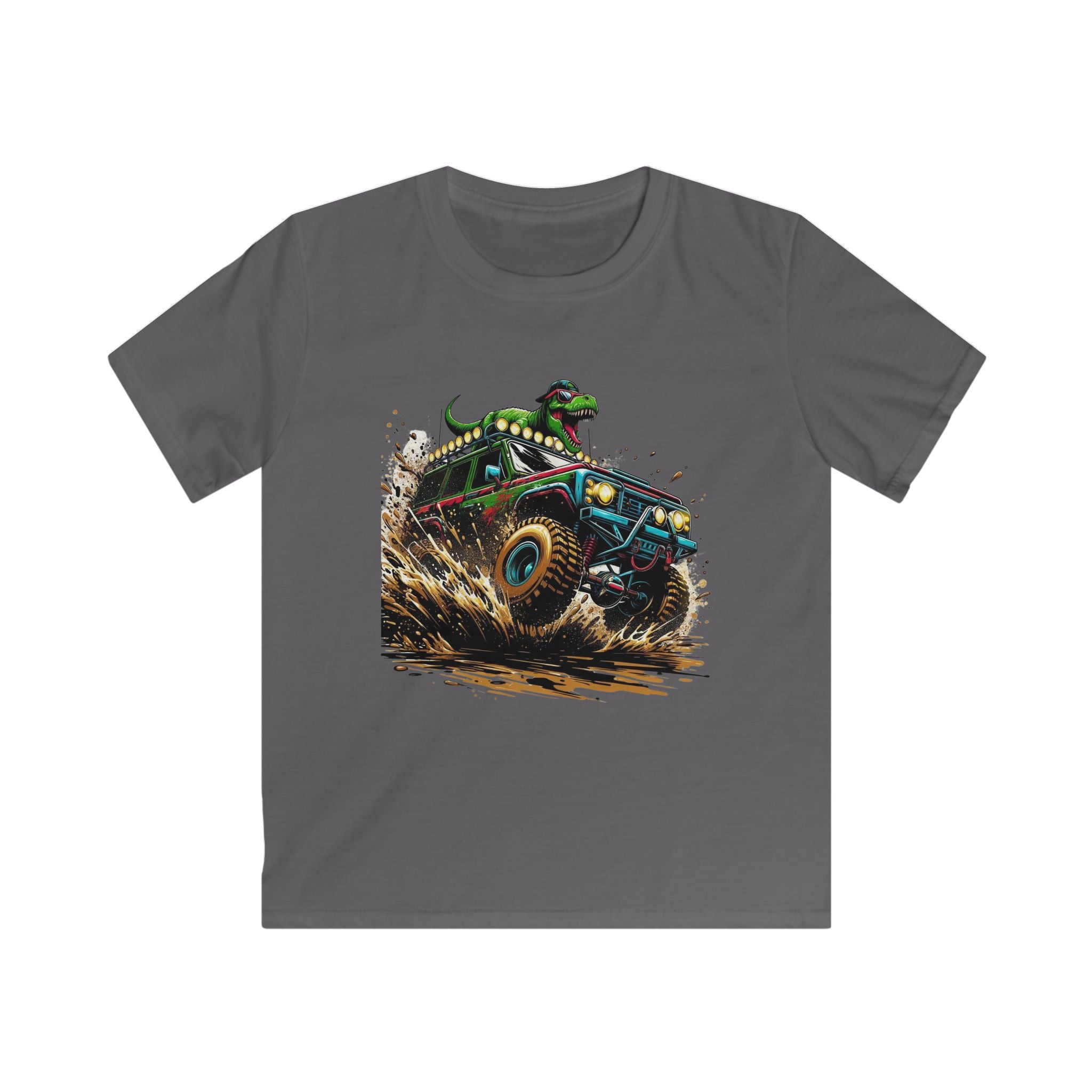 Kids Tee — Dino Driving Monster Truck Graphic Shirt