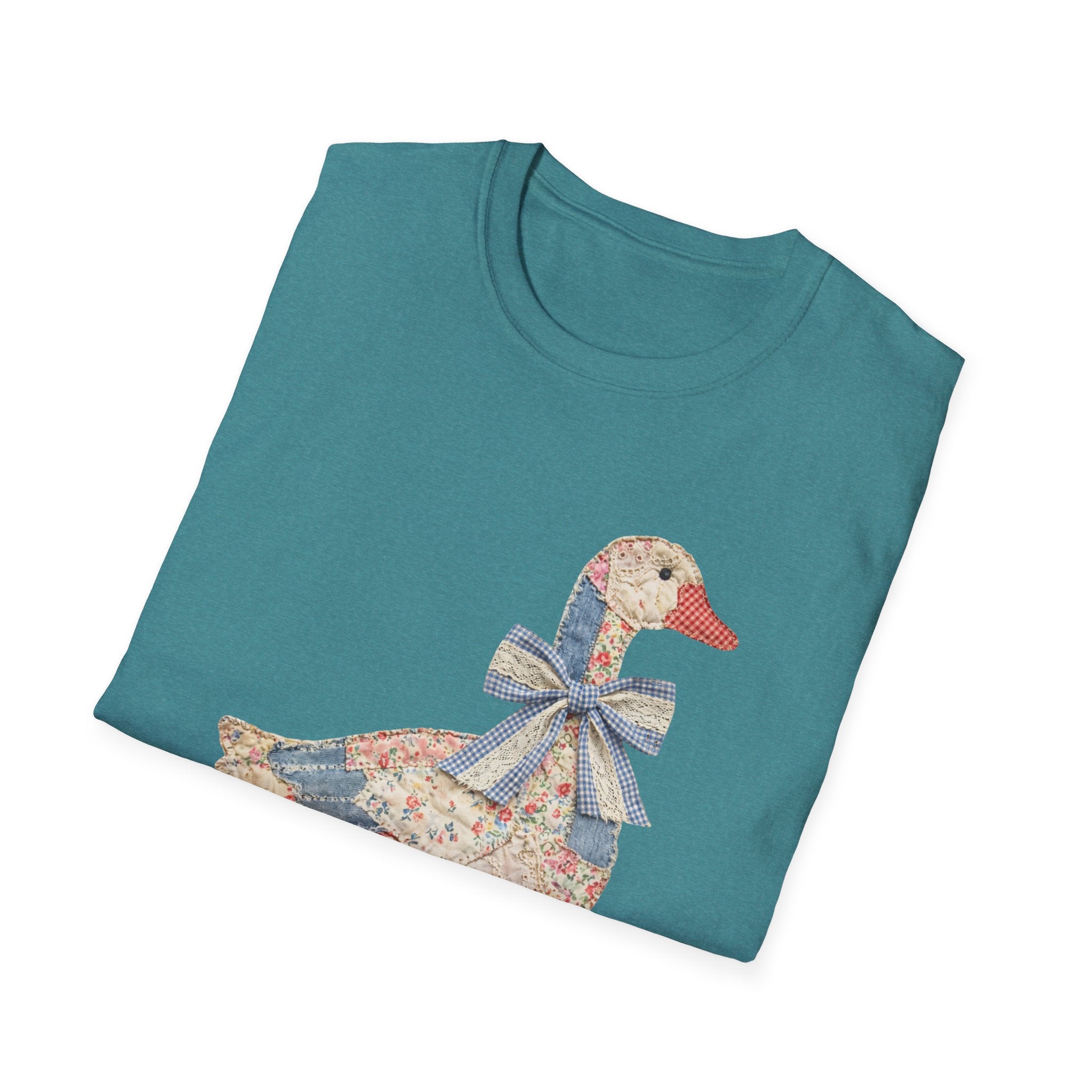 Vintage Patchwork Duck T-Shirt — Cute Floral Goose with Bow Tee