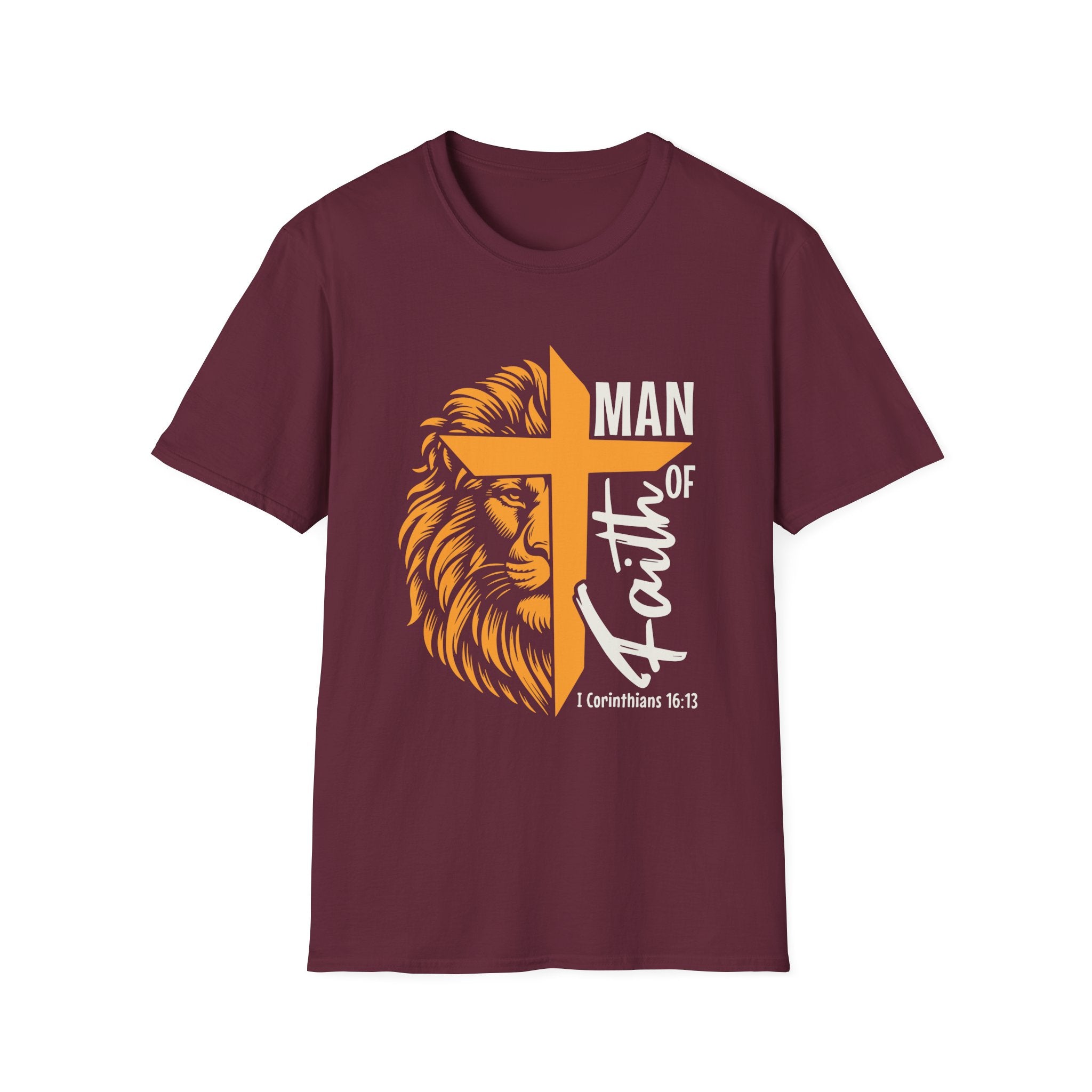 Man of Faith T-Shirt — Lion & Cross Christian Tee (1 Corinthians 16:13)